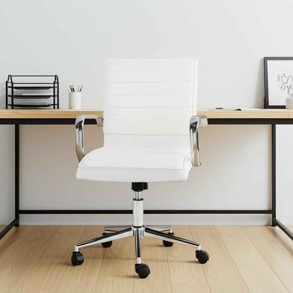 White and Silver Adjustable Height Swivel Rolling Conference Office Chair