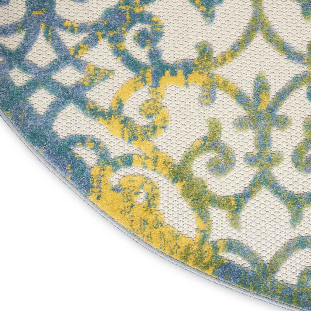 4' Ivory And Blue Round Indoor Outdoor Area Rug