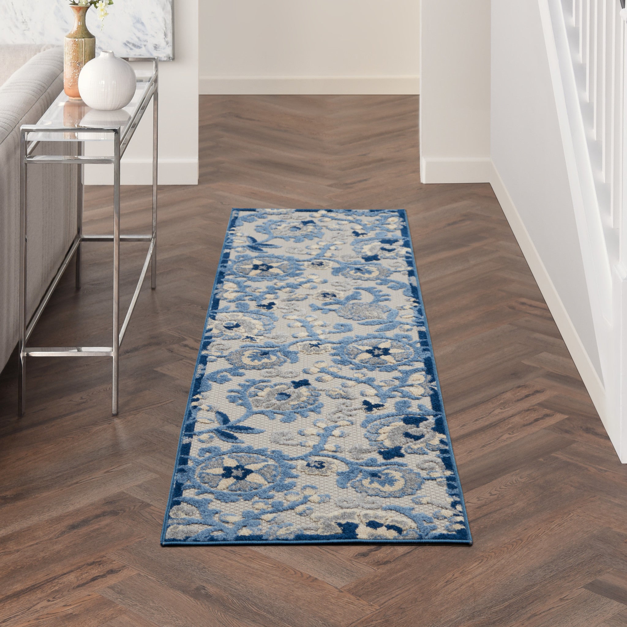 8' Blue And Gray Indoor Outdoor Runner Rug - Outdoor