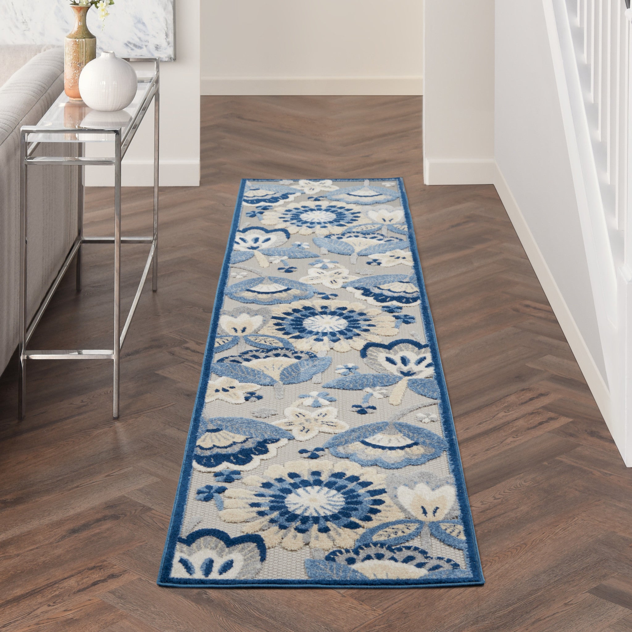 12' Blue And Gray Indoor Outdoor Runner Rug - Outdoor