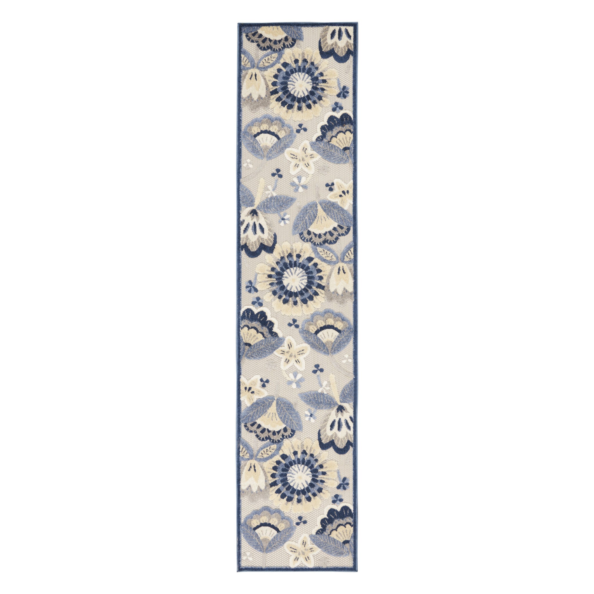 12' Blue And Gray Indoor Outdoor Runner Rug - Outdoor