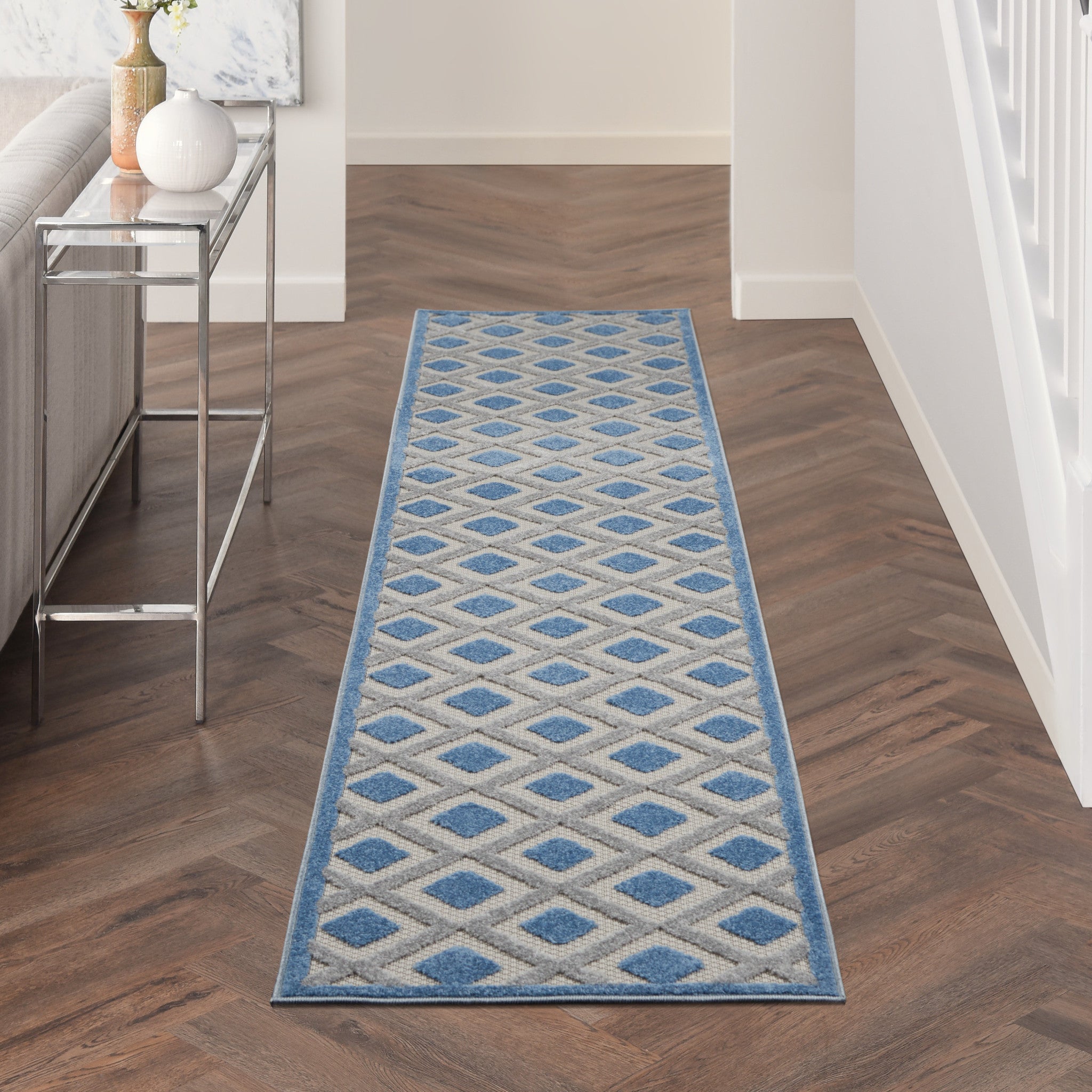 12' Blue And Gray Indoor Outdoor Runner Rug - Outdoor