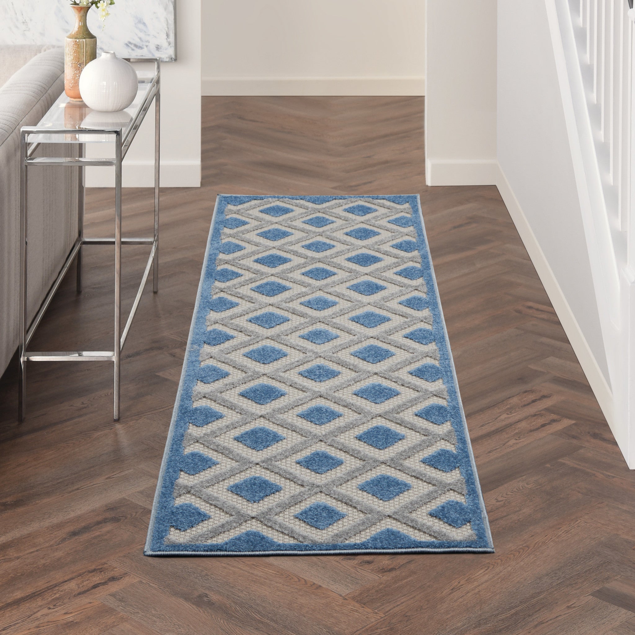 6' Blue And Gray Indoor Outdoor Runner Rug - Outdoor