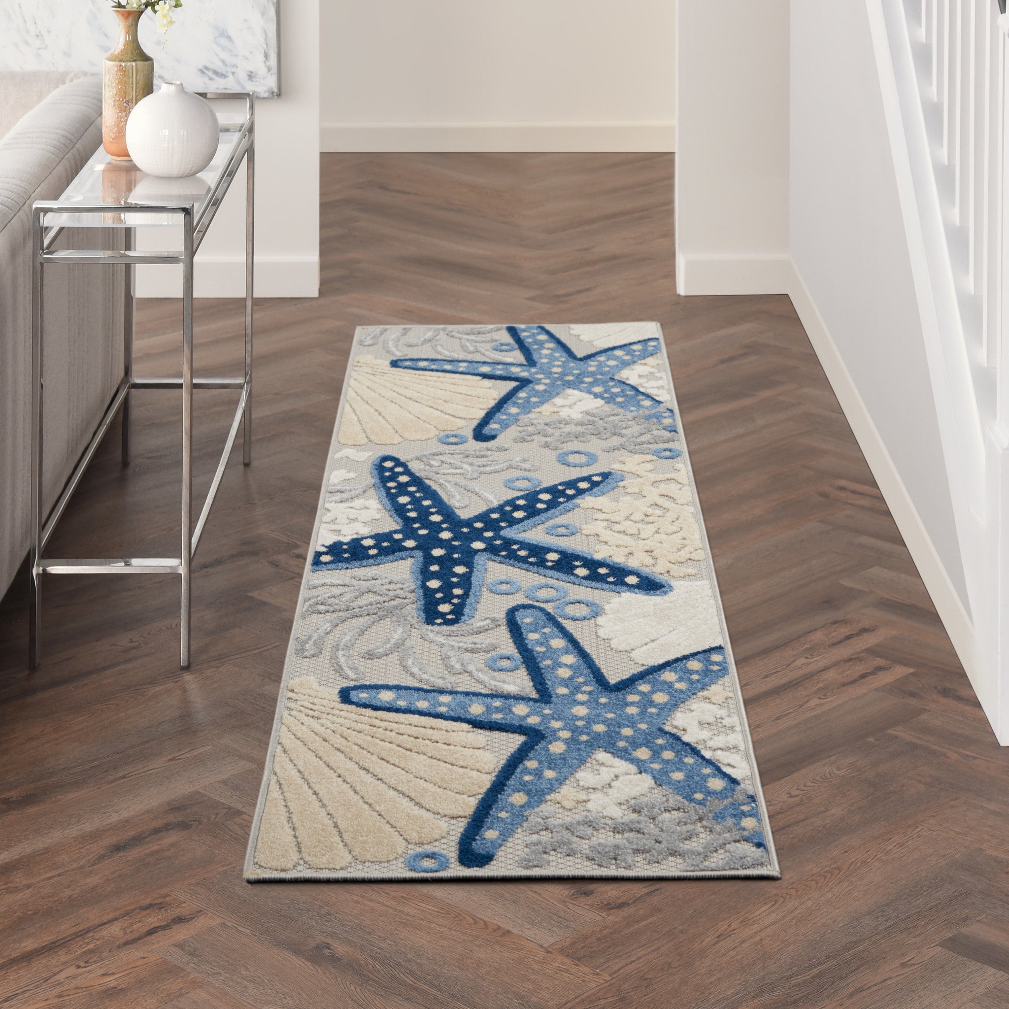 8' Blue And Gray Indoor Outdoor Runner Rug - Outdoor