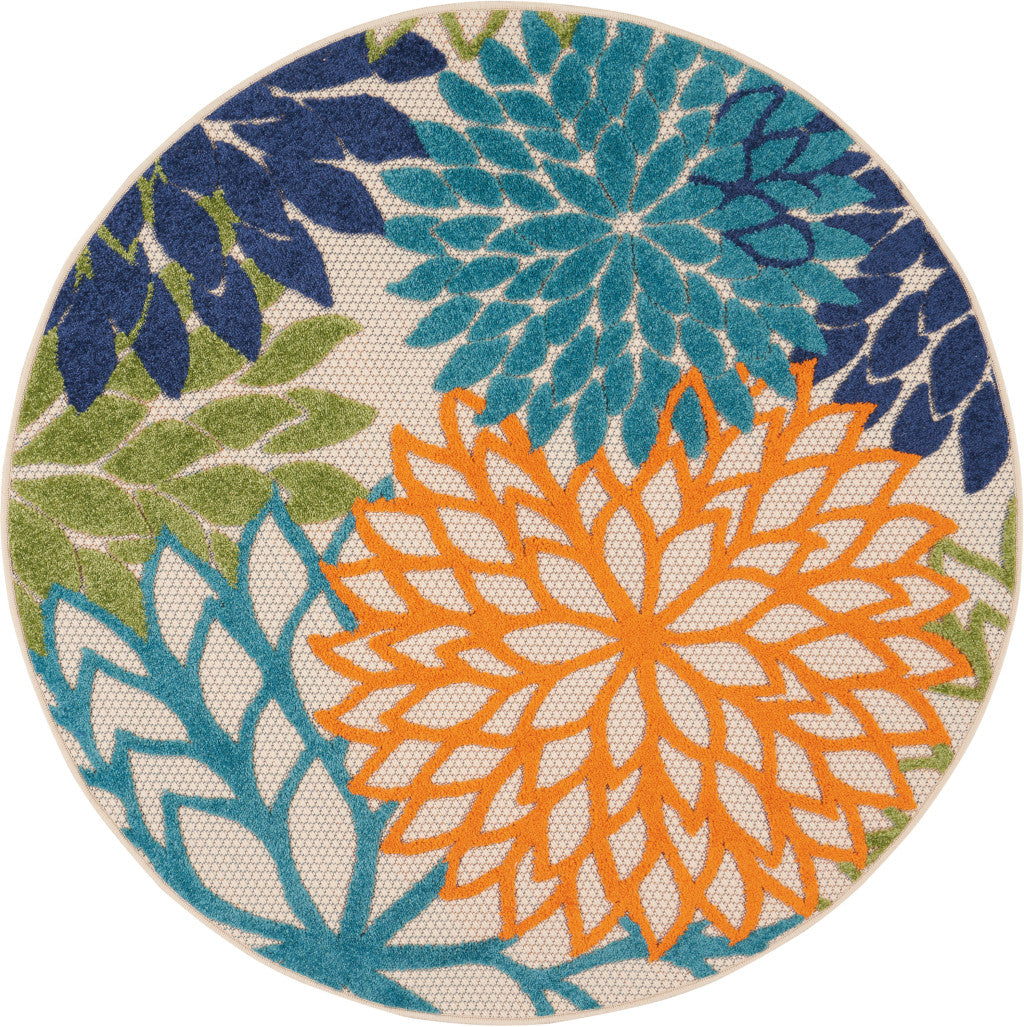 4' Ivory And Blue Round Indoor Outdoor Area Rug - Outdoor
