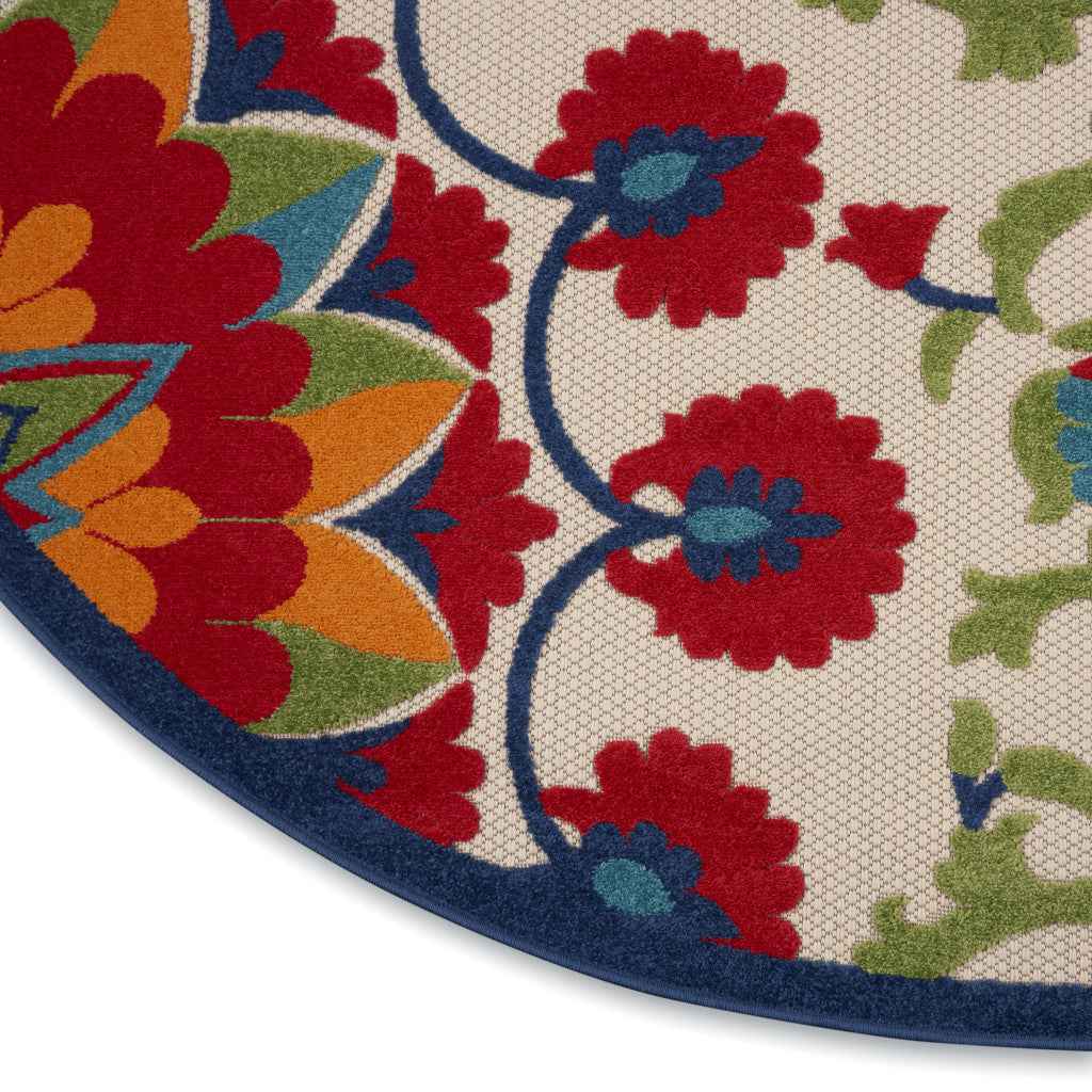 8' Red And Ivory Round Floral Indoor Outdoor Area Rug