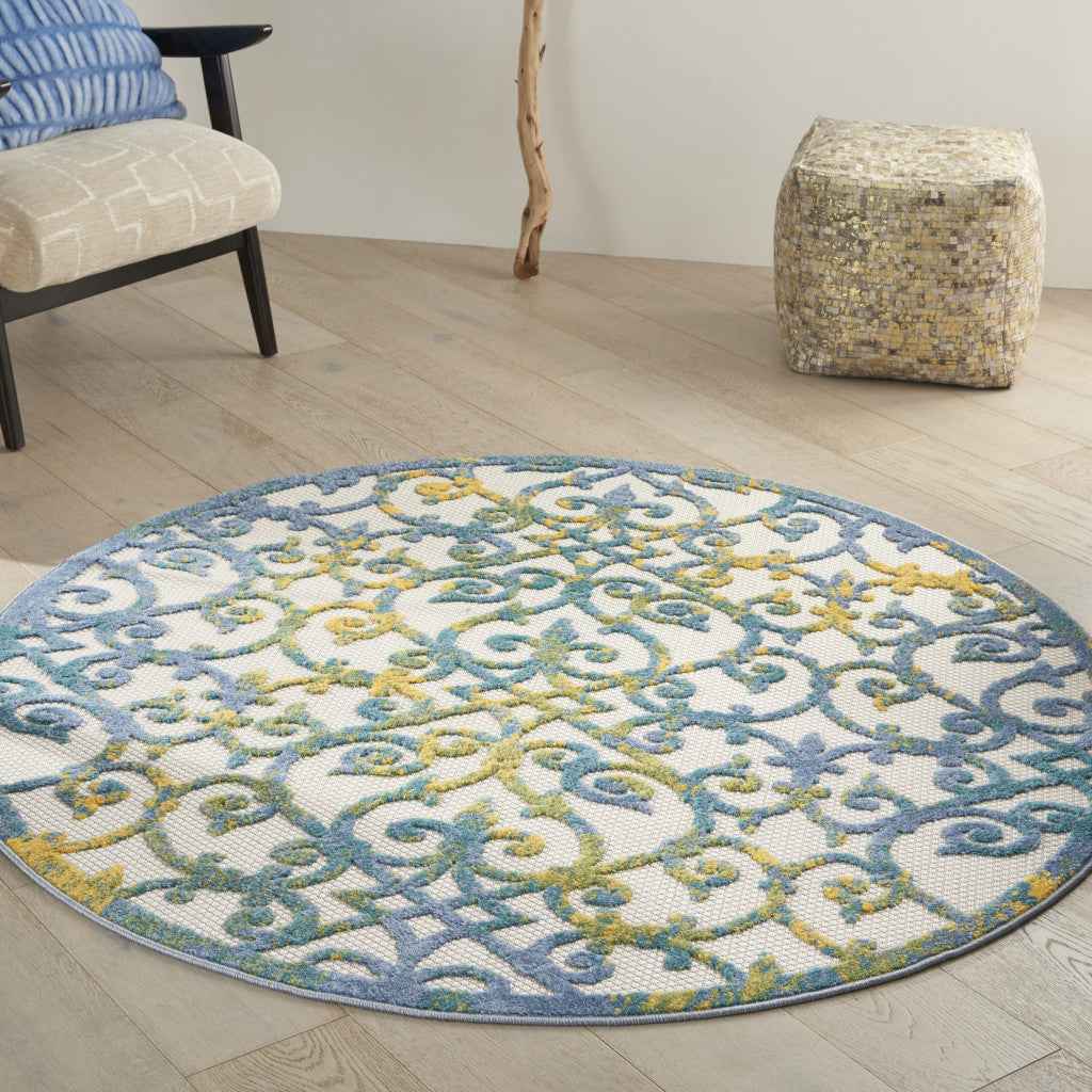 5' Ivory And Blue Round Indoor Outdoor Area Rug