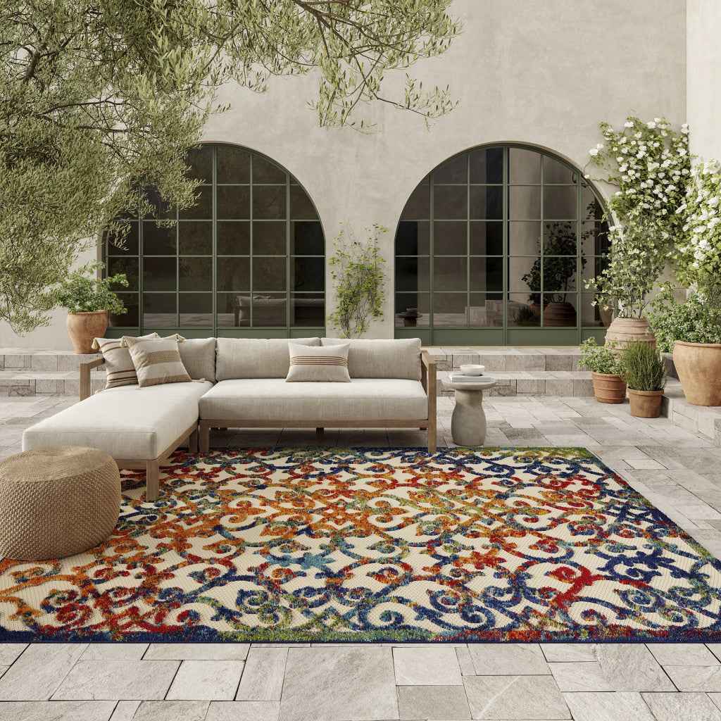 7' X 10' Ivory And Blue Indoor Outdoor Area Rug