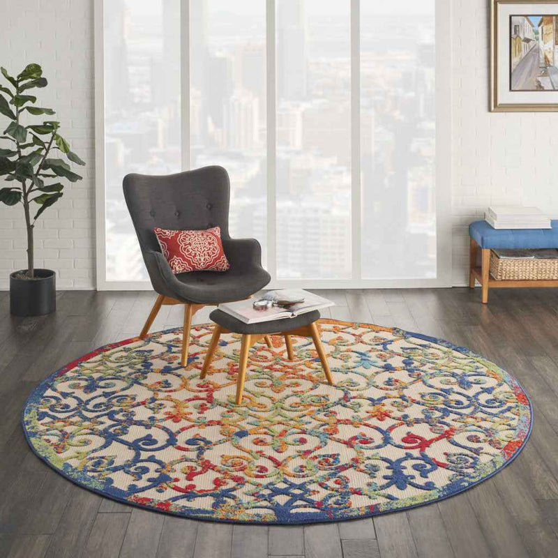 8' Ivory And Blue Round Indoor Outdoor Area Rug