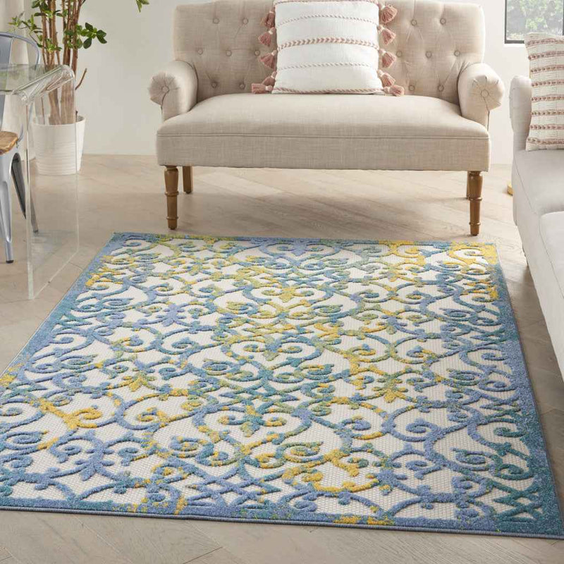 5' X 8' Ivory And Blue Indoor Outdoor Area Rug