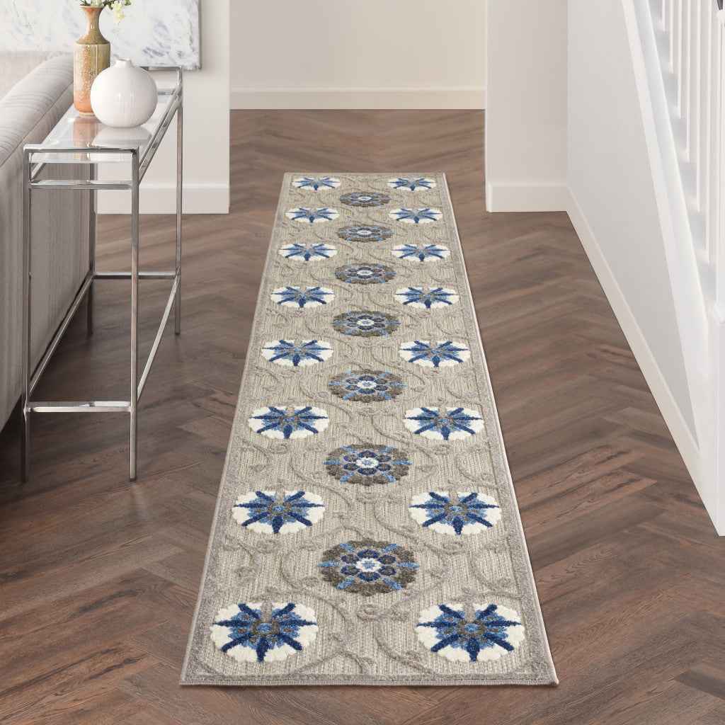 12' Blue And Gray Indoor Outdoor Runner Rug