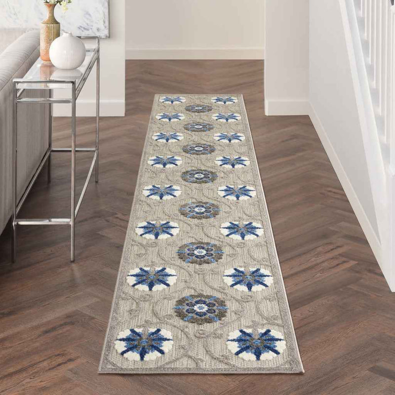 12' Blue And Gray Indoor Outdoor Runner Rug