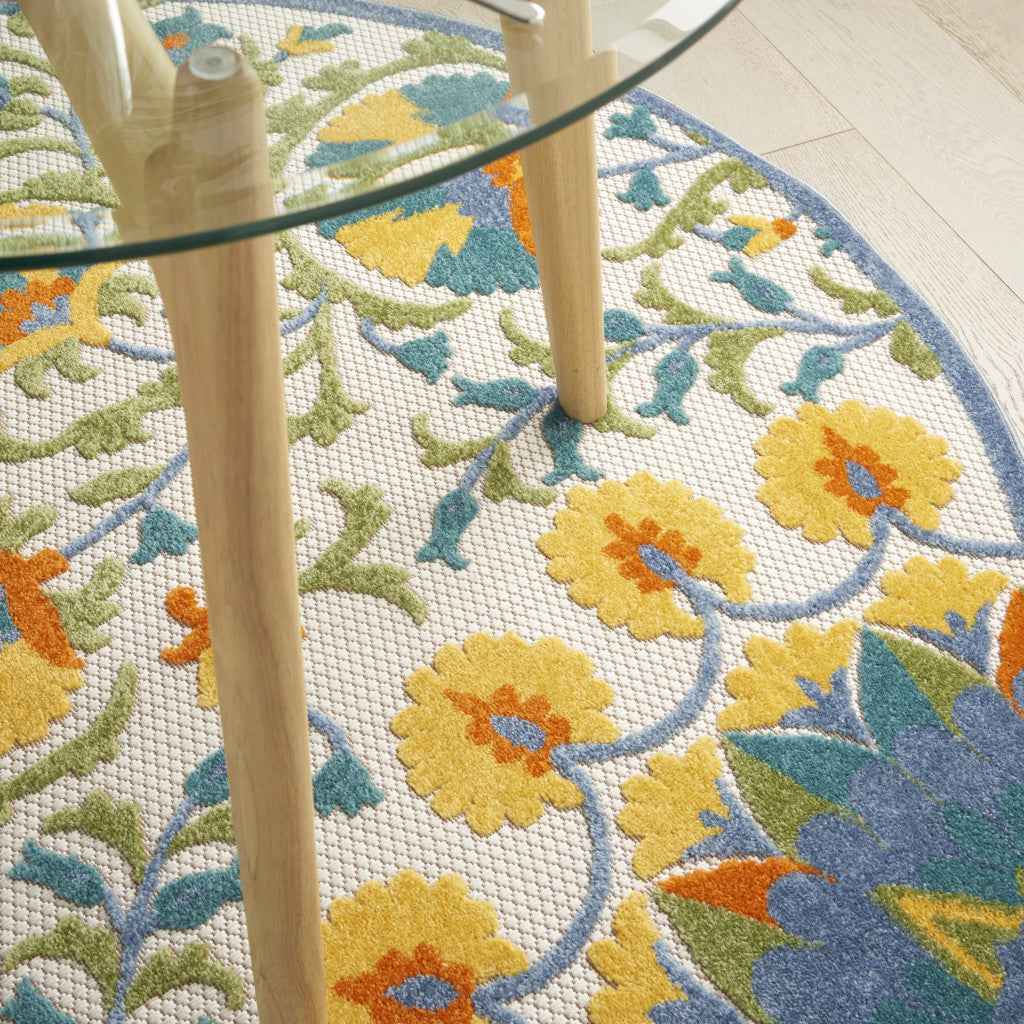 4' Ivory And Blue Round Floral Indoor Outdoor Area Rug