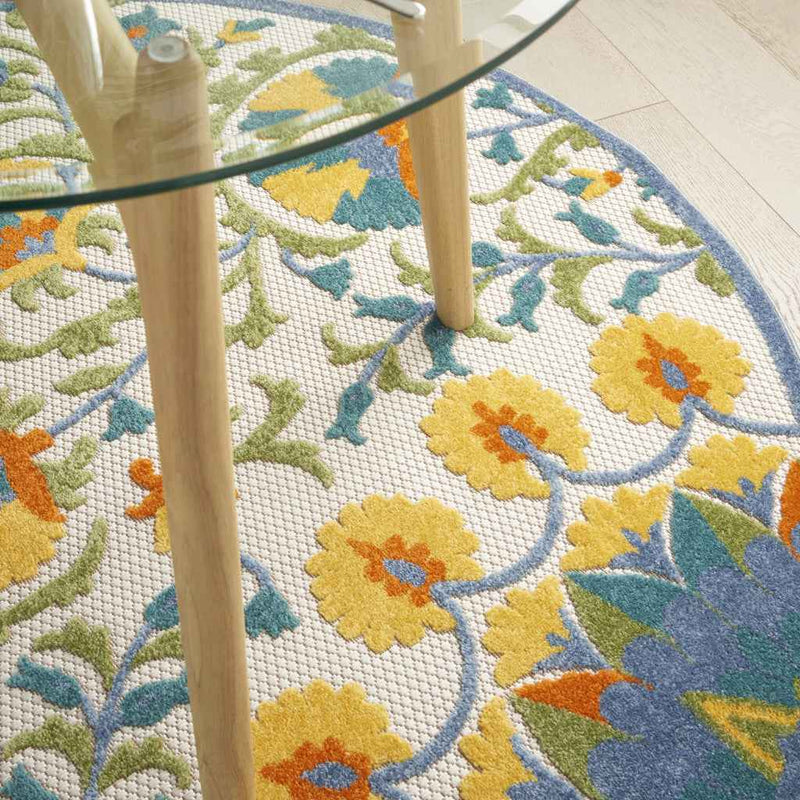 4' Ivory And Blue Round Floral Indoor Outdoor Area Rug