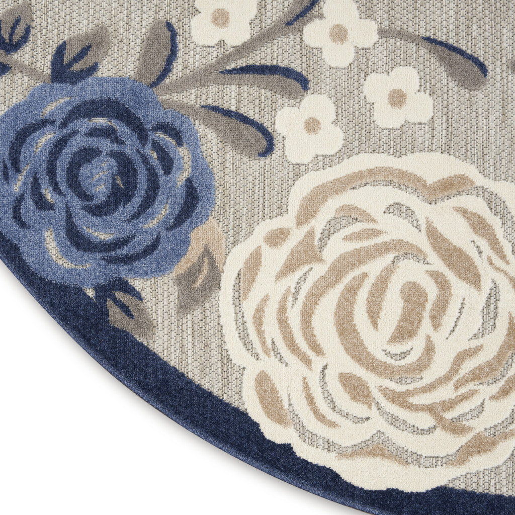 8' Blue and Gray Round Floral Indoor Outdoor Area Rug - Outdoor