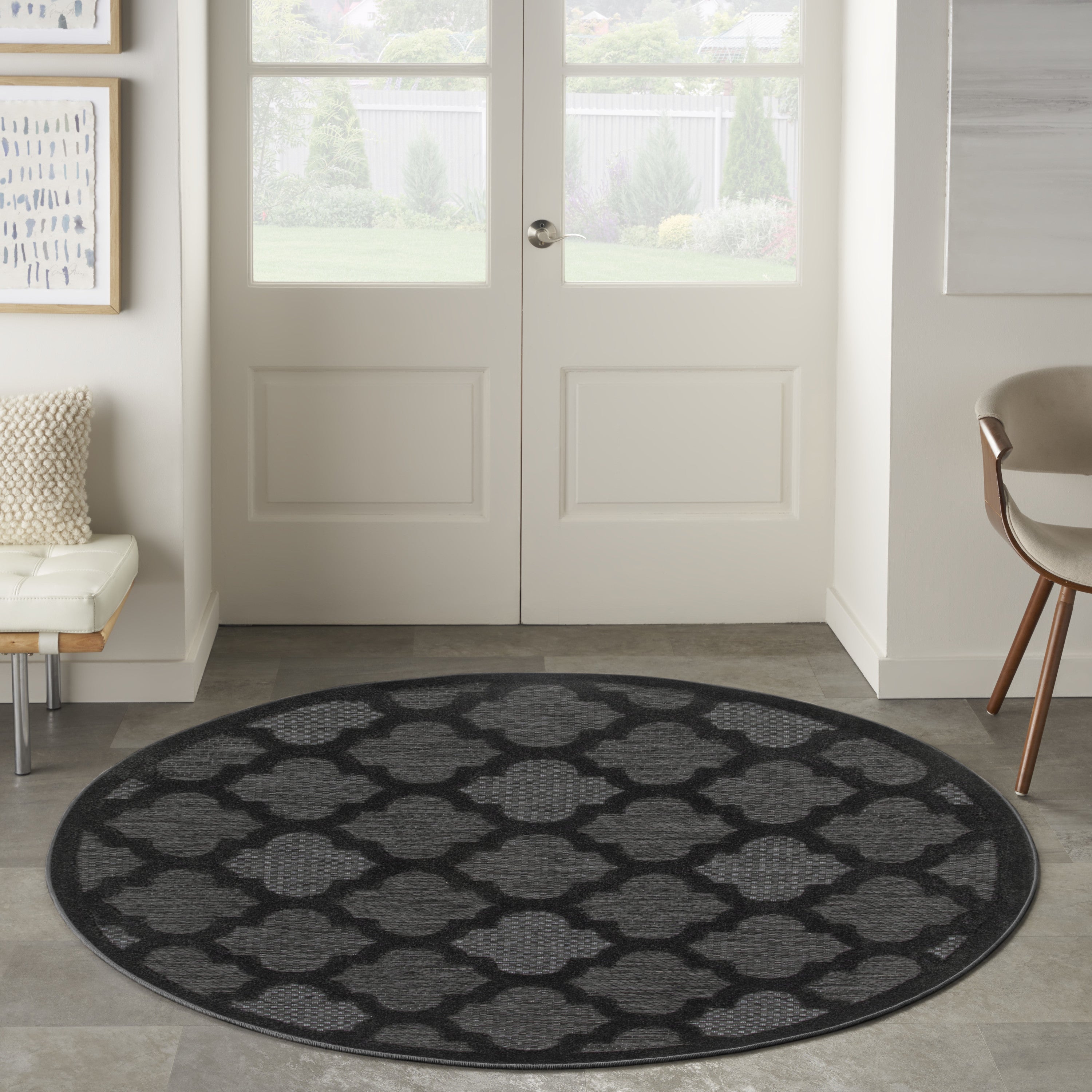 4' Charcoal And Black Round Trellis Indoor Outdoor Area Rug - Sports & Outdoor