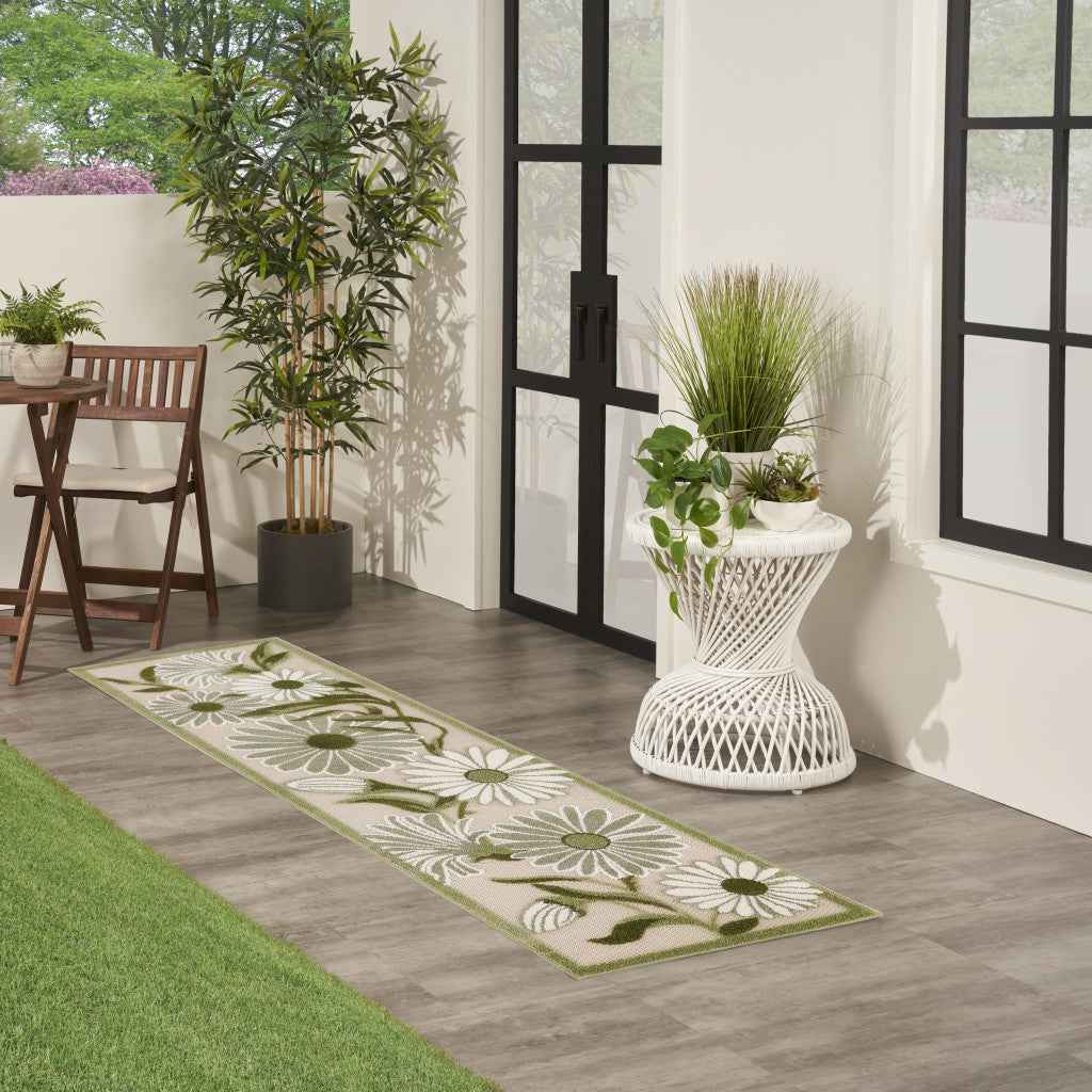 6' Ivory And Green Floral Indoor Outdoor Runner Rug