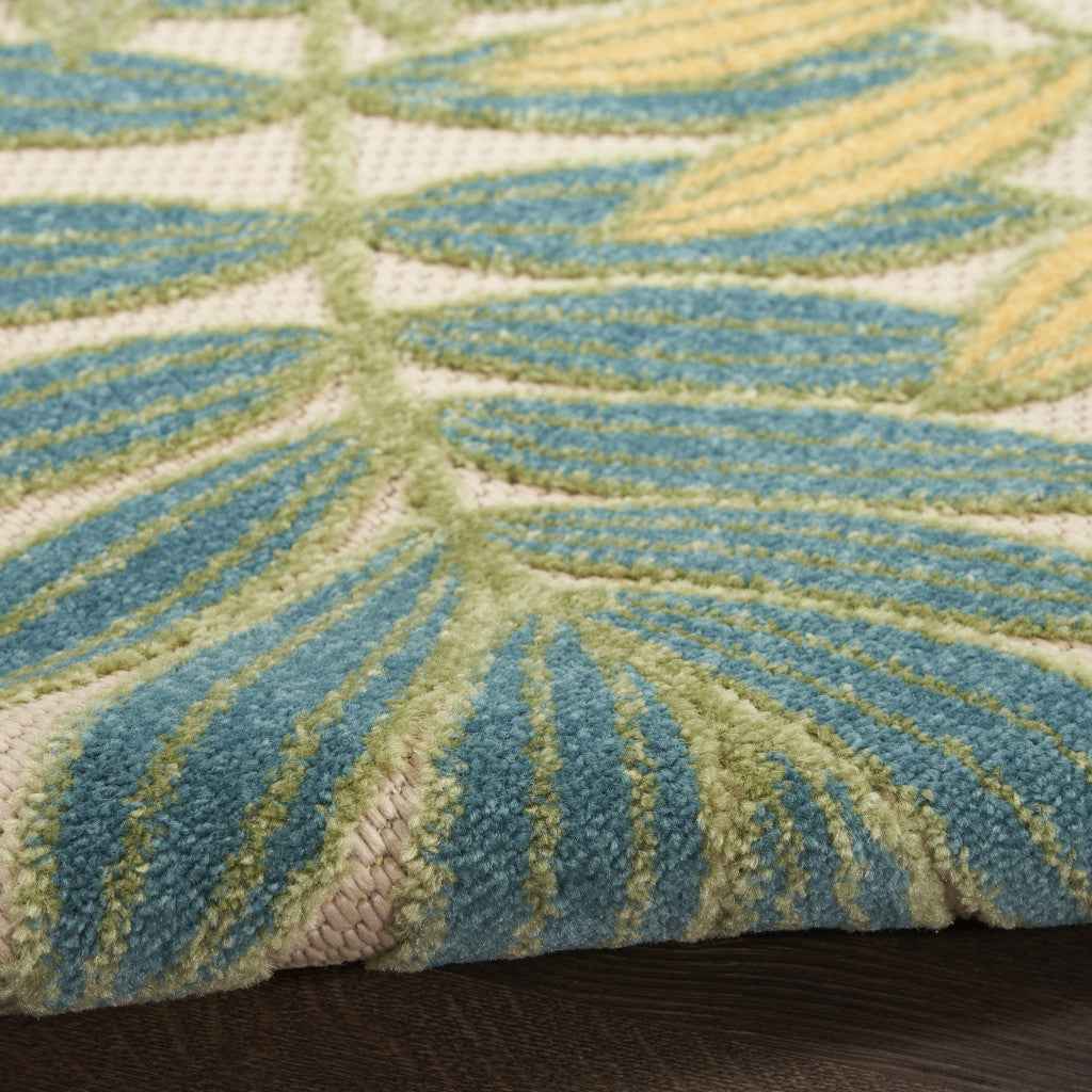 6' Green Yellow And Blue Palm Leaf Indoor Outdoor Runner Rug