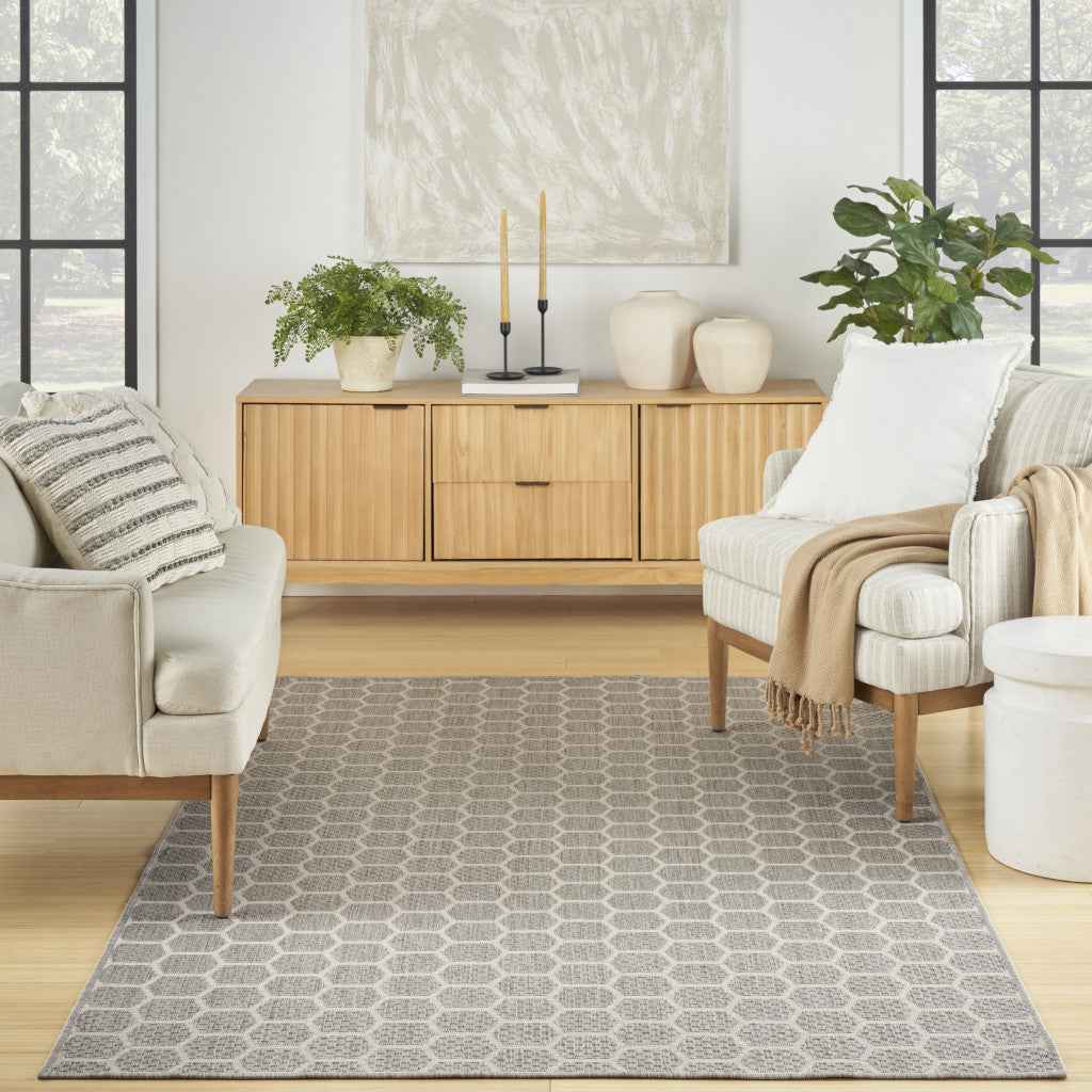 6' X 9' Gray And Ivory Geometric Indoor Outdoor Area Rug