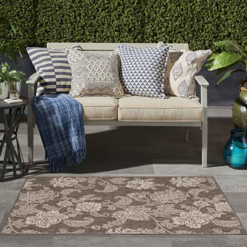 3' X 5' Brown And Ivory Floral Indoor Outdoor Area Rug