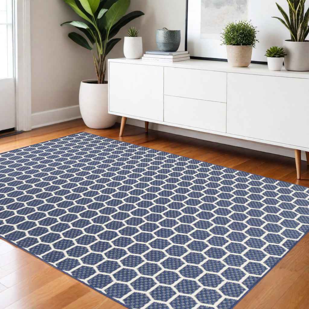 4' X 6' Navy Blue And Ivory Geometric Indoor Outdoor Area Rug