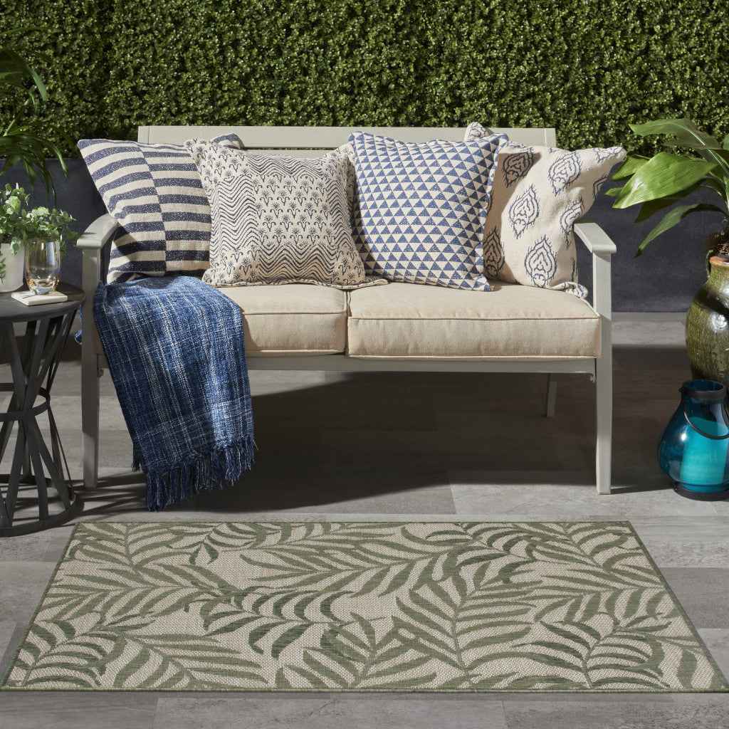 3' X 5' Ivory And Green Palm Leaf Indoor Outdoor Area Rug