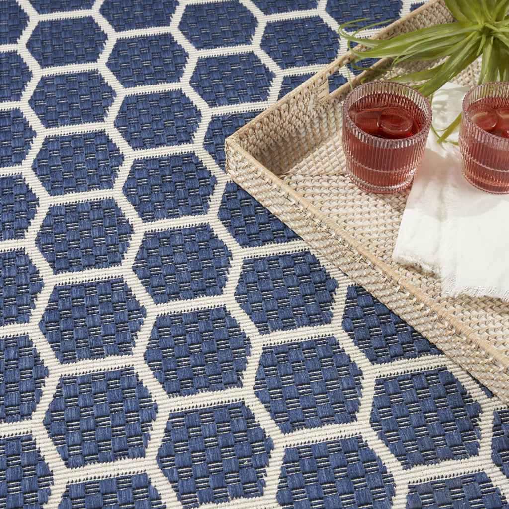 9' X 12' Navy Blue And Ivory Geometric Indoor Outdoor Area Rug
