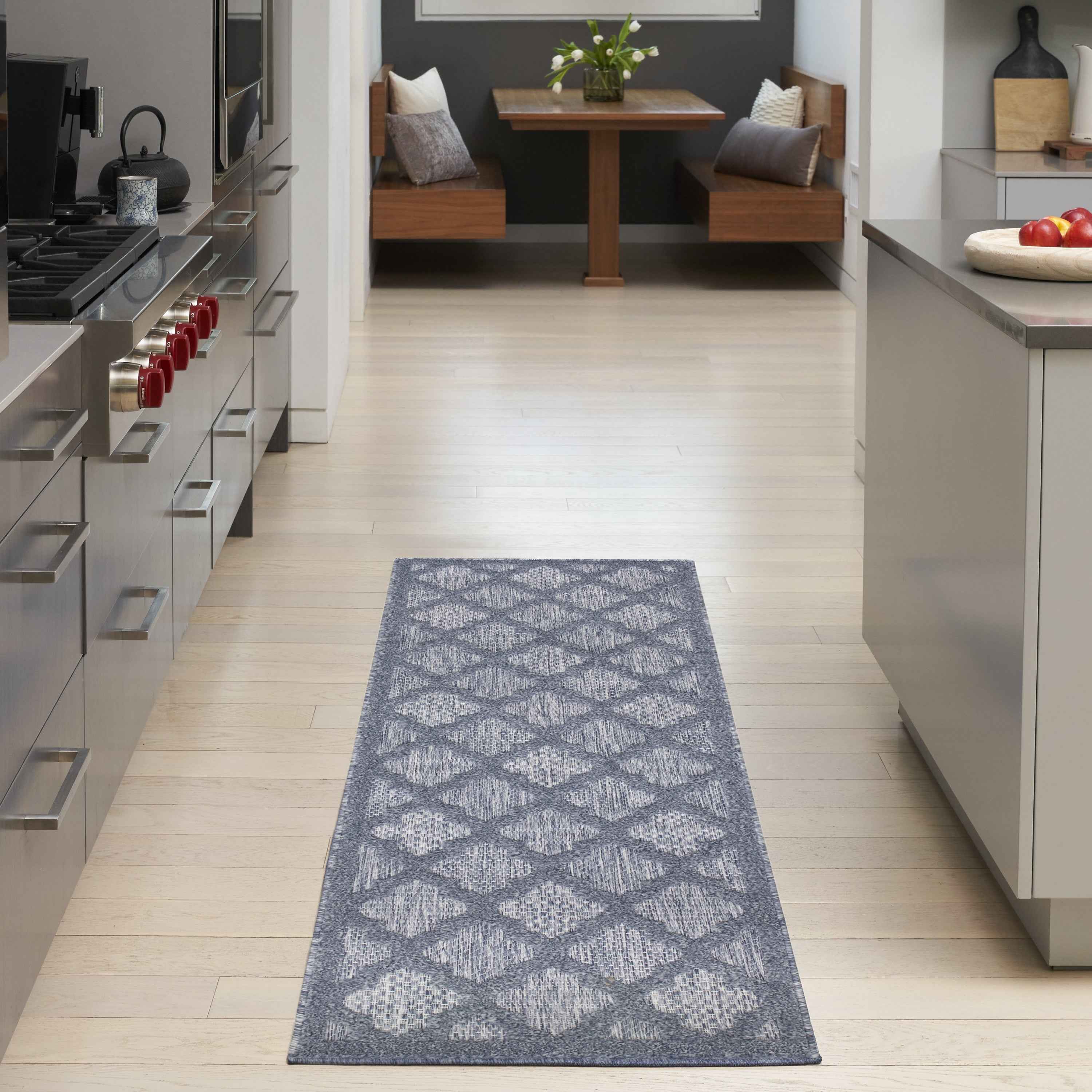 6' Denim Blue And Ivory Geometric Indoor Outdoor Area Rug