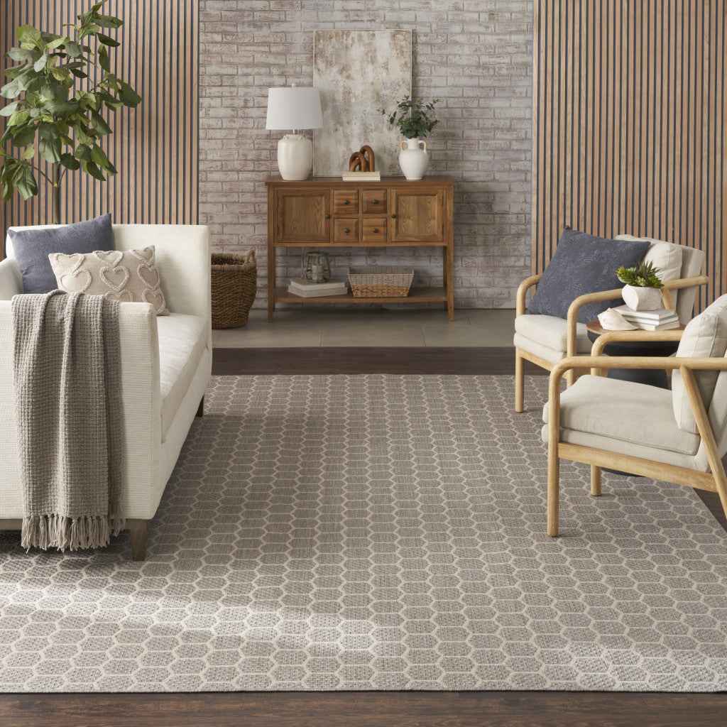 8' X 10' Gray And Ivory Geometric Indoor Outdoor Area Rug