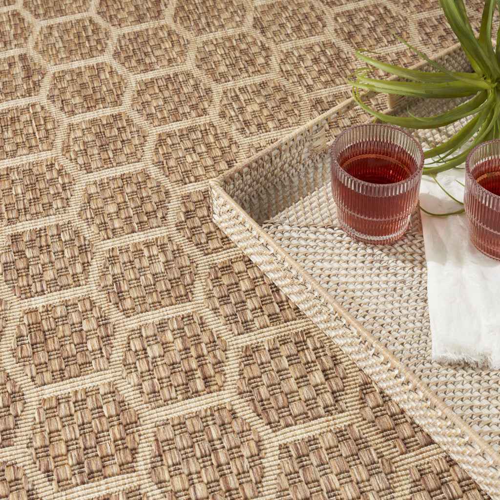 9' X 12' Natural And Beige Geometric Indoor Outdoor Area Rug