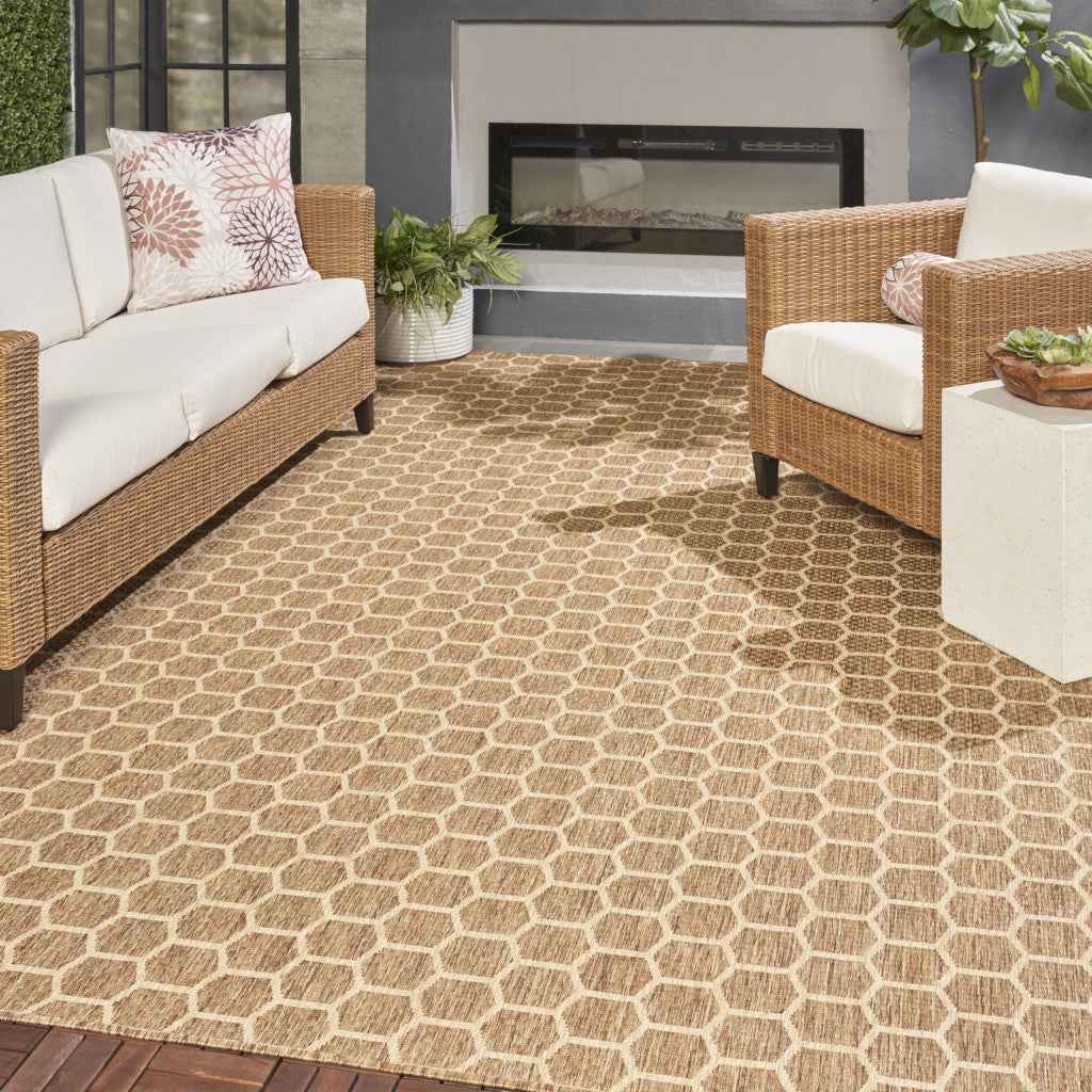 9' X 12' Natural And Beige Geometric Indoor Outdoor Area Rug