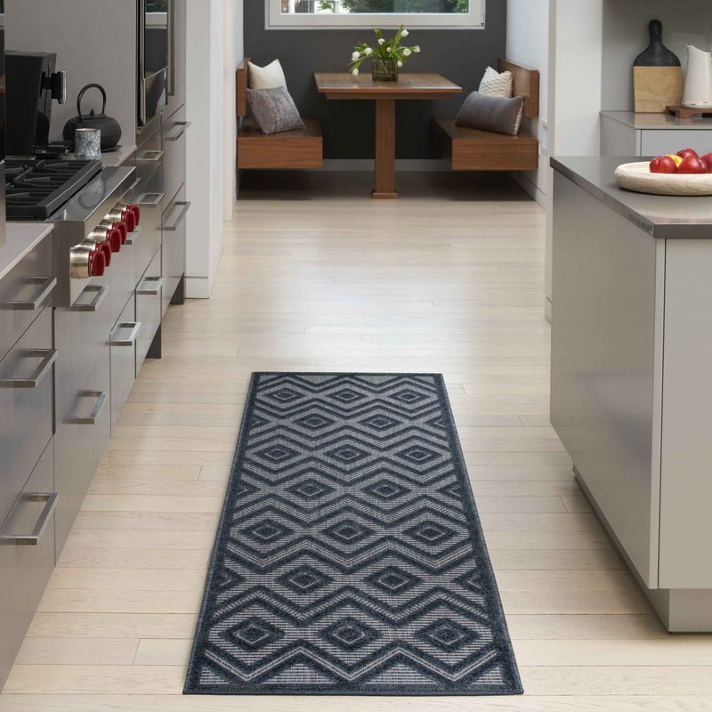 6' Navy Blue And Ivory Geometric Indoor Outdoor Area Rug