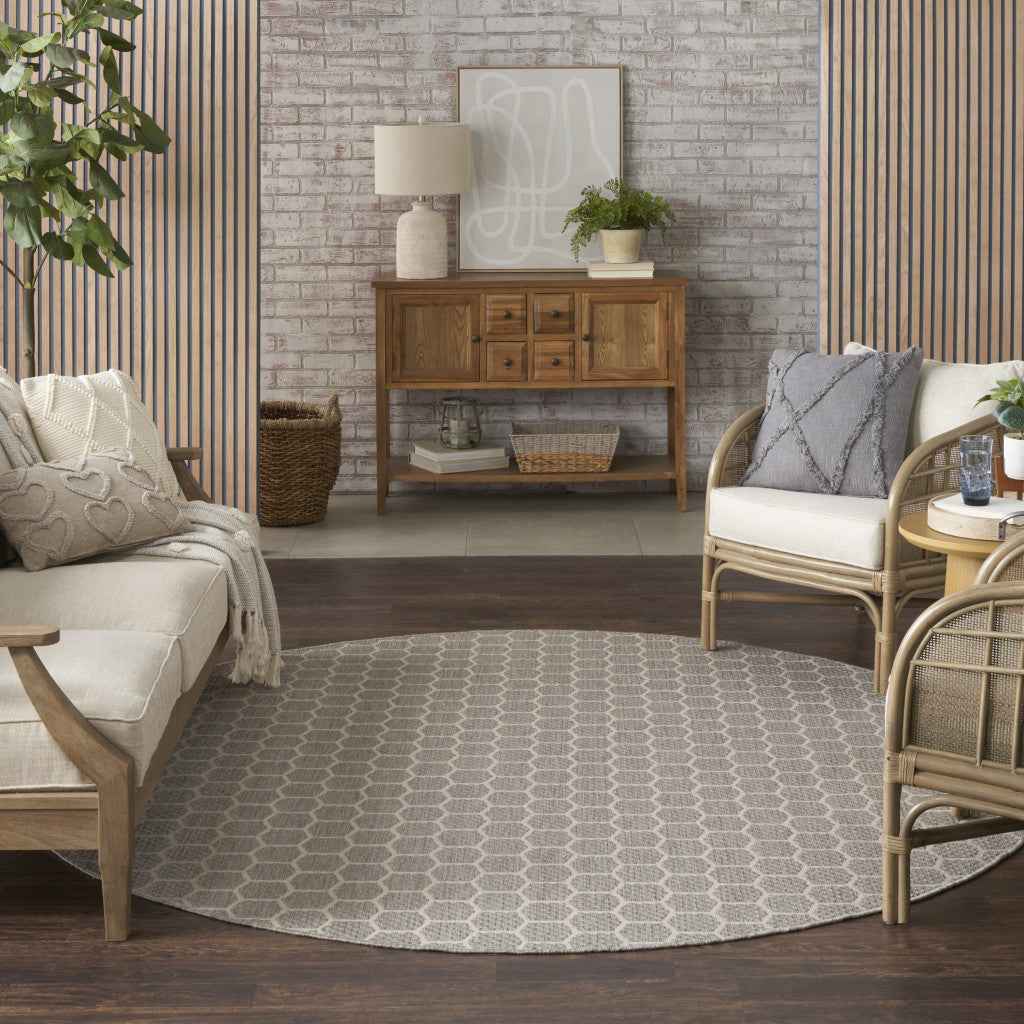 8' Gray And Ivory Geometric Indoor Outdoor Area Rug