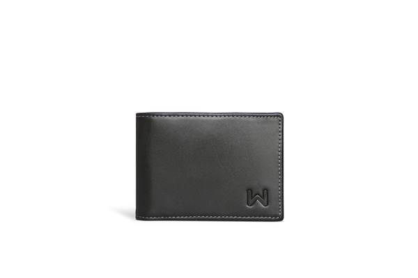 Men's dark wallet with W logo, front angle