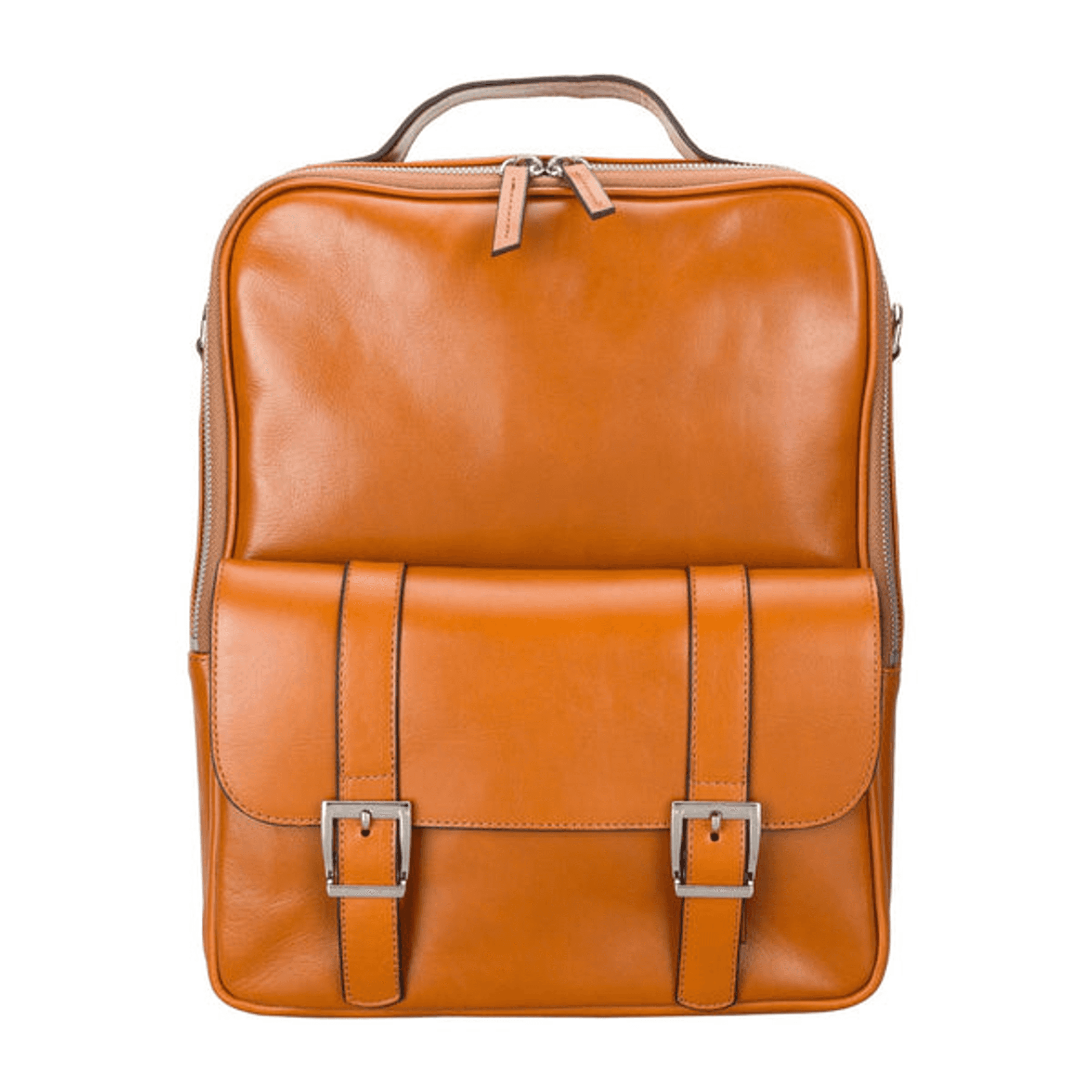 Tan leather laptop backpack with front flap, silver buckles, and zip top opening.