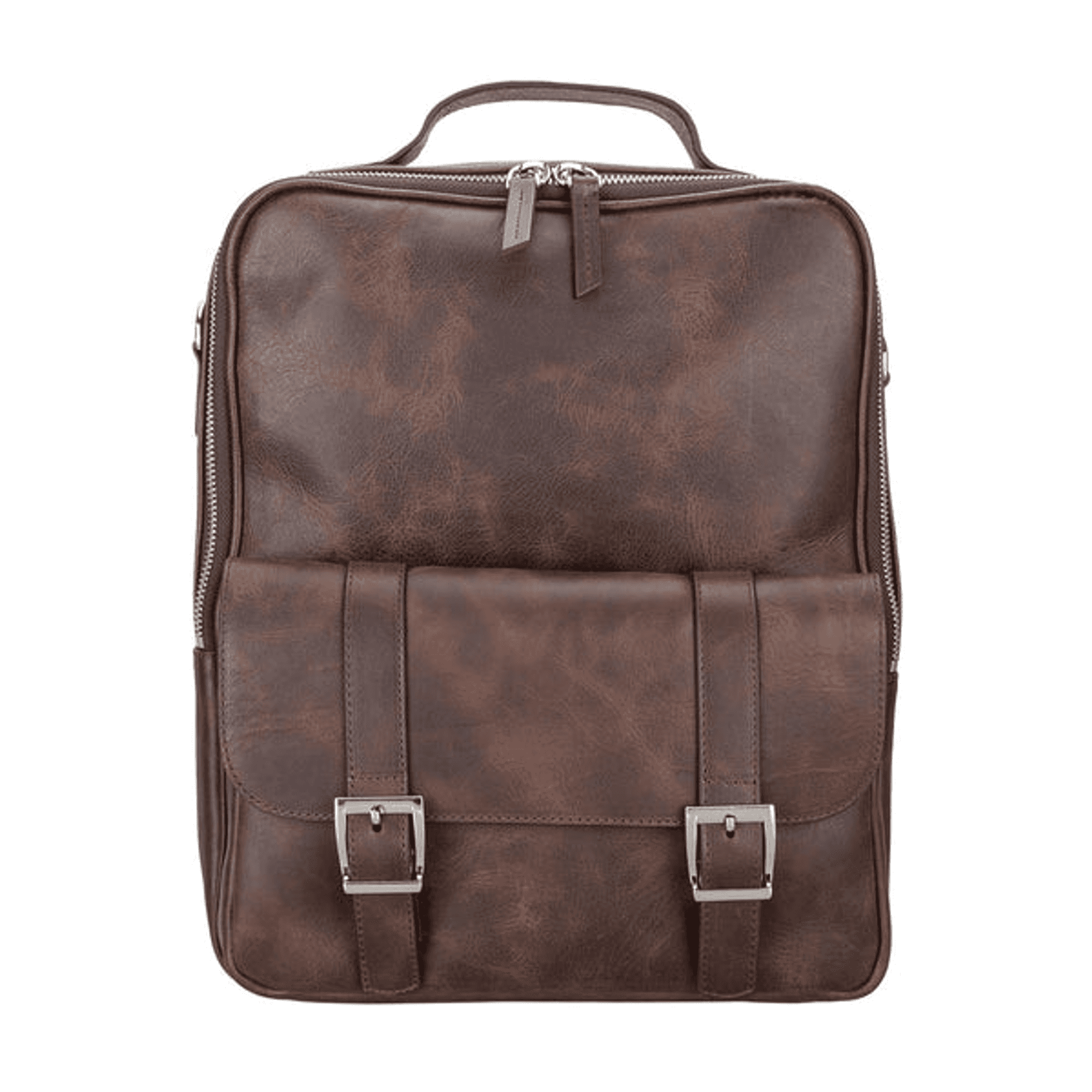 Dark brown leather laptop backpack with front flap, silver buckles, and top handle.
