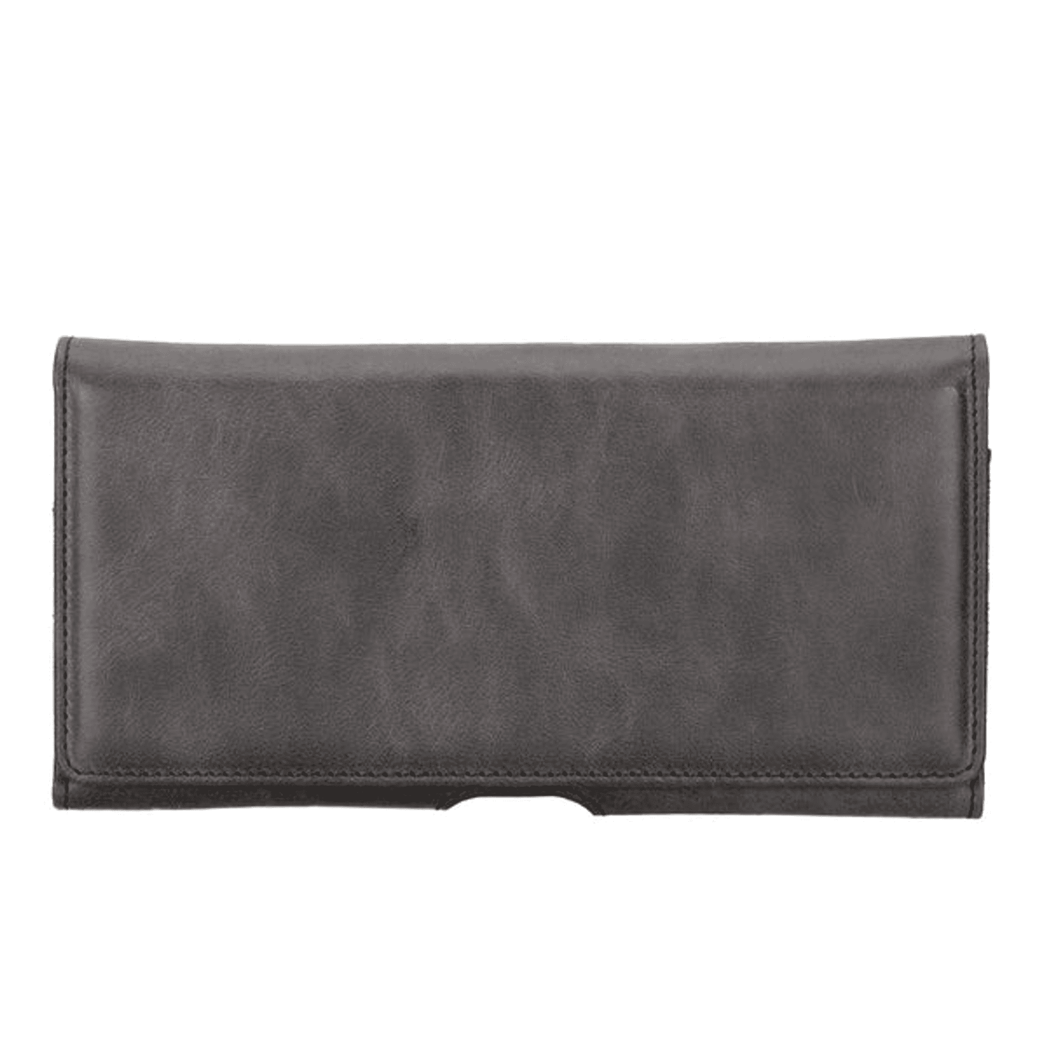 Black leather belt-mounted phone holster with snap-stitched top flap