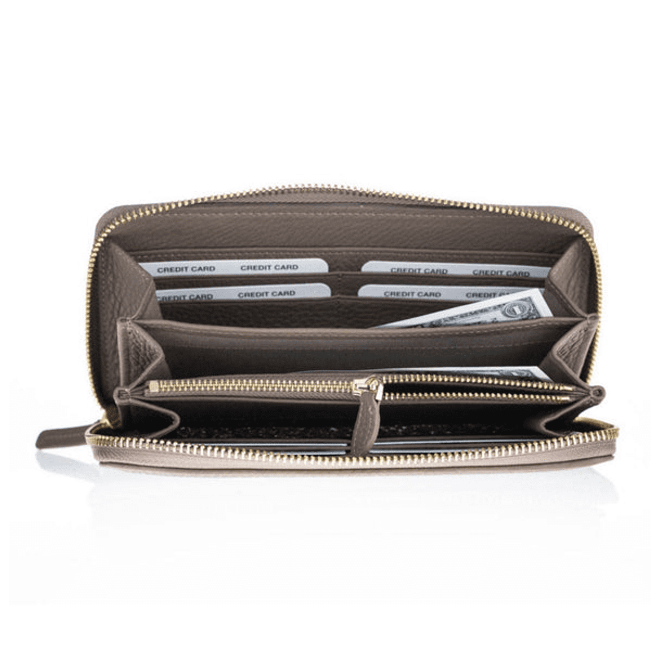 Mink full-grain leather zippered handbag open, showing card slots
