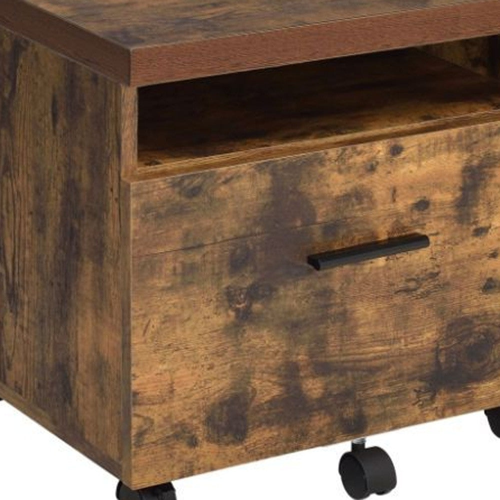 19" Brown And Black Rustic Wood Single Drawer Rolling Filing Cabinet - Office