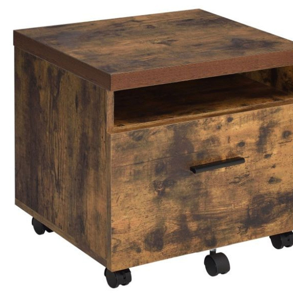 19" Brown And Black Rustic Wood Single Drawer Rolling Filing Cabinet - Office