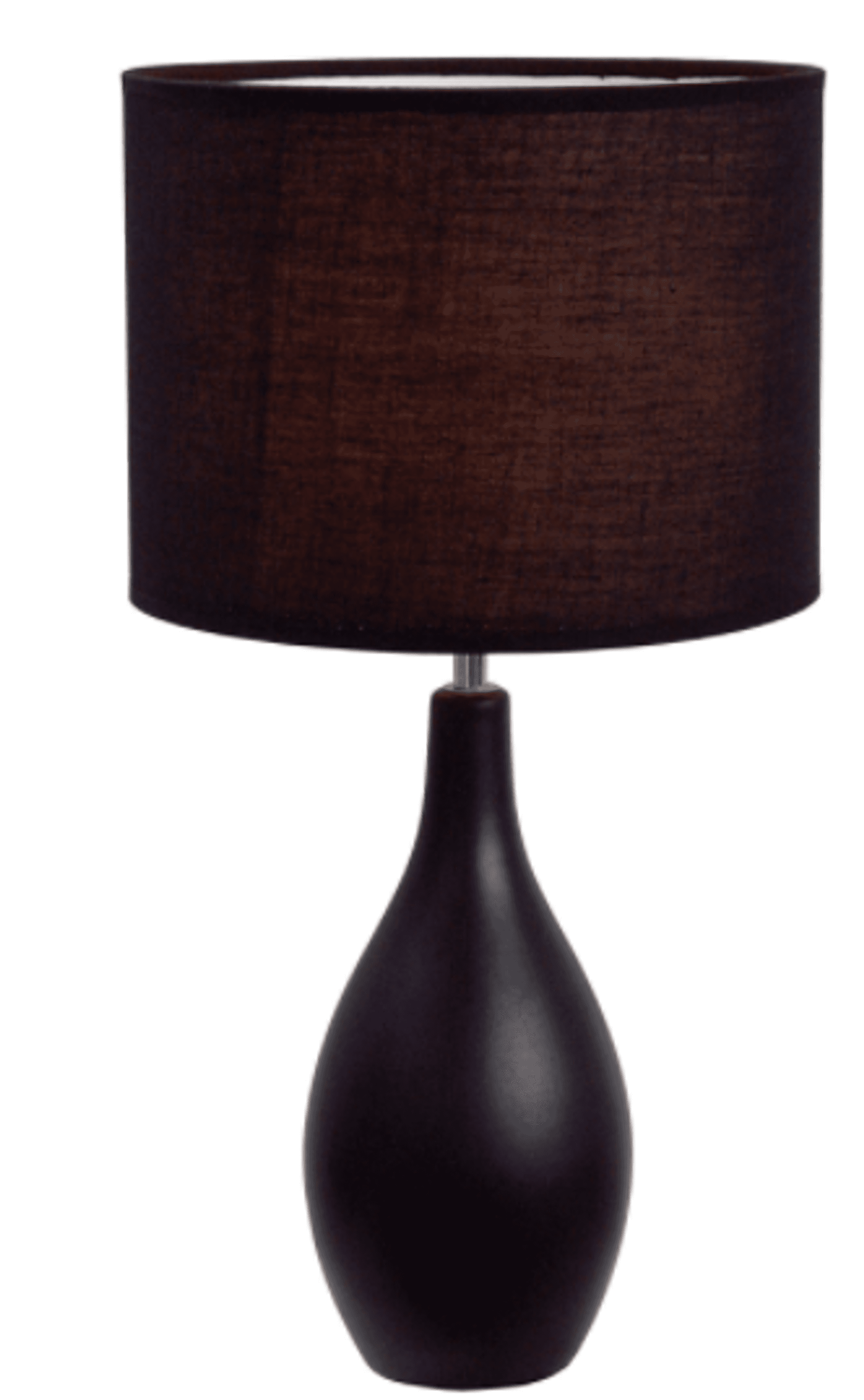 Ceramic table lamp with dark oval base and fabric drum shade