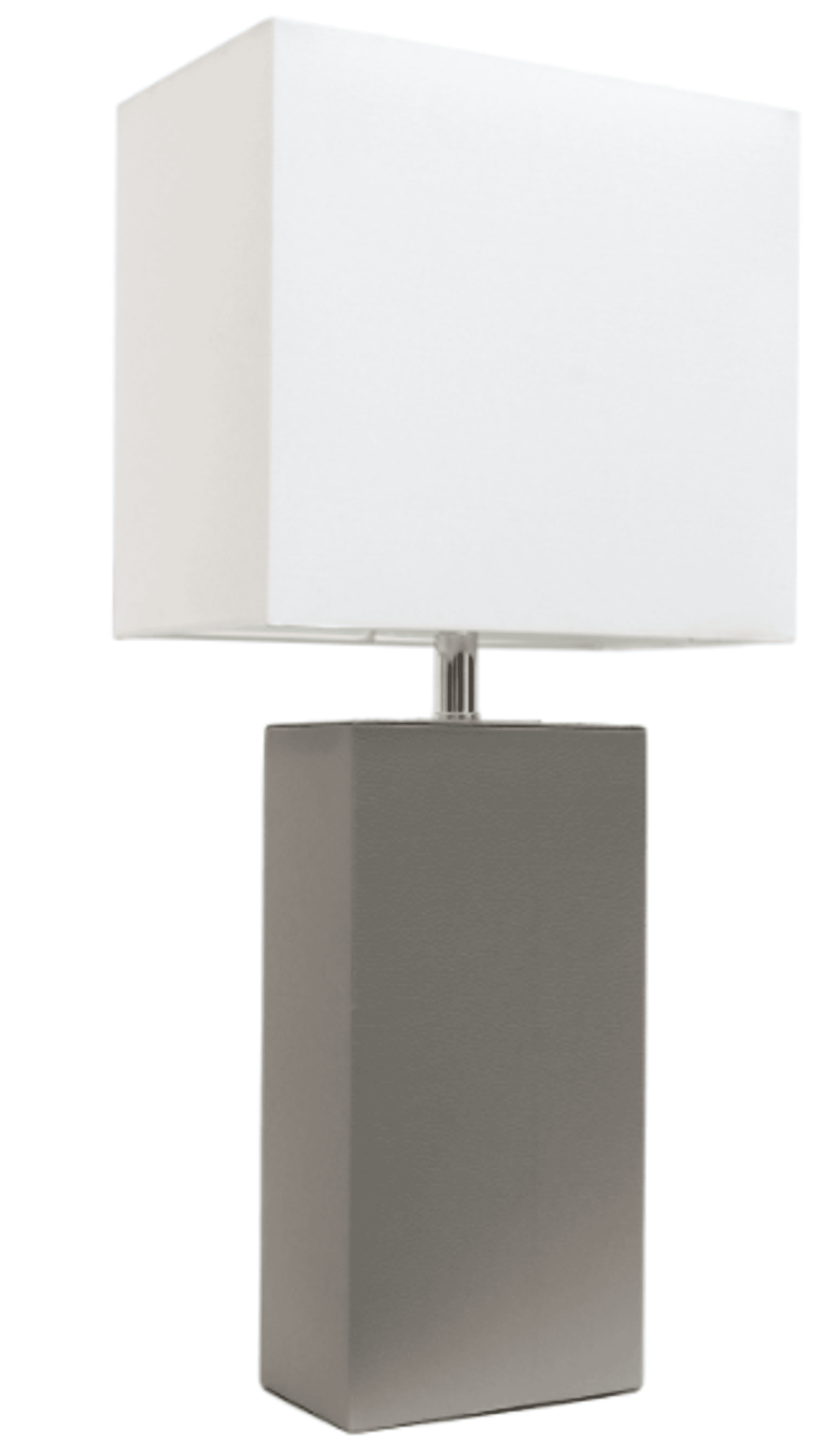 Modern table lamp with white fabric shade and gray leather base