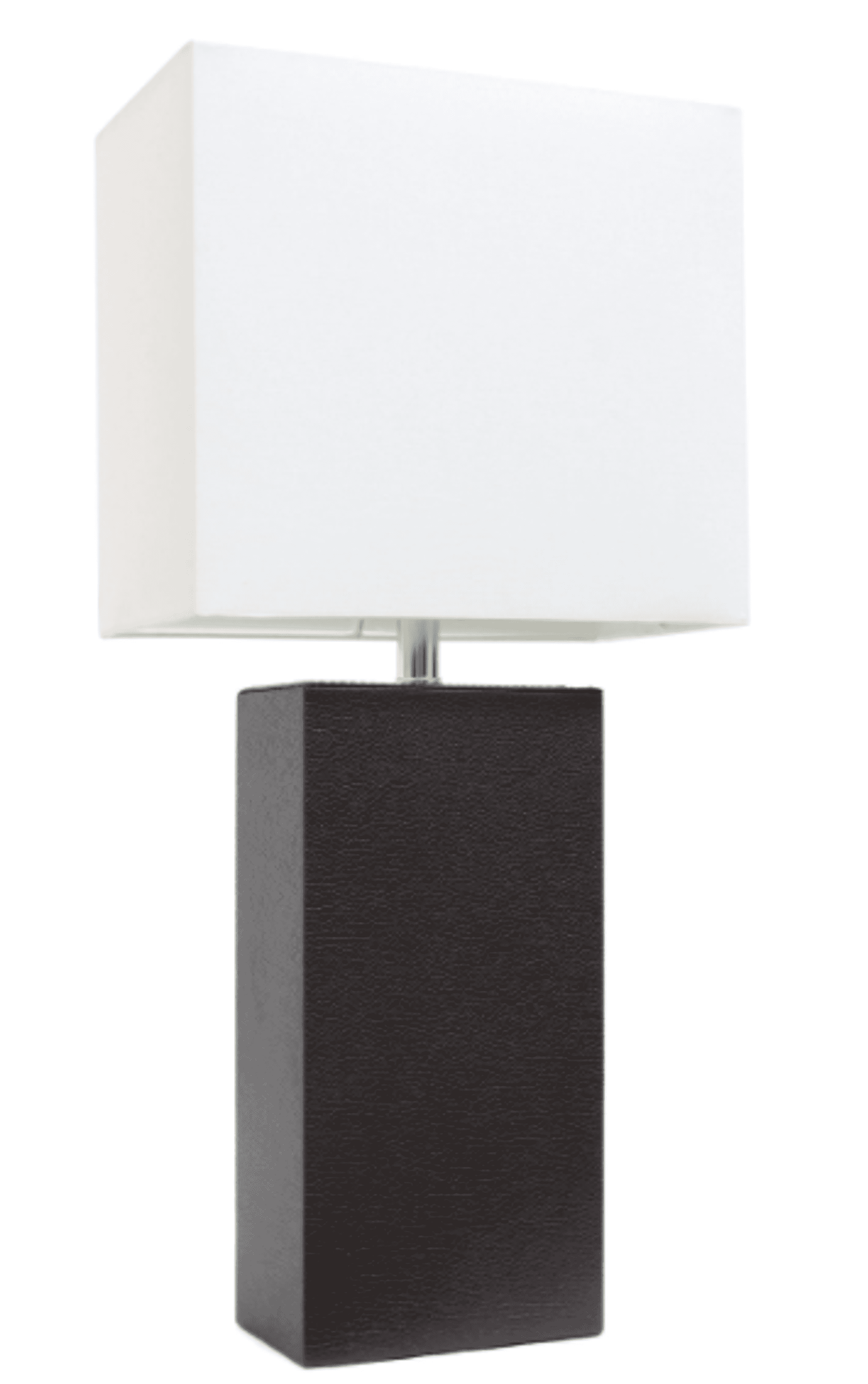 Modern table lamp with square white fabric shade and dark textured leather base