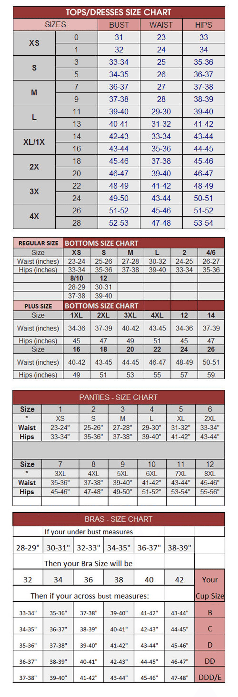 Carmen colorblock sweatshirt size chart with body and garment measurements
