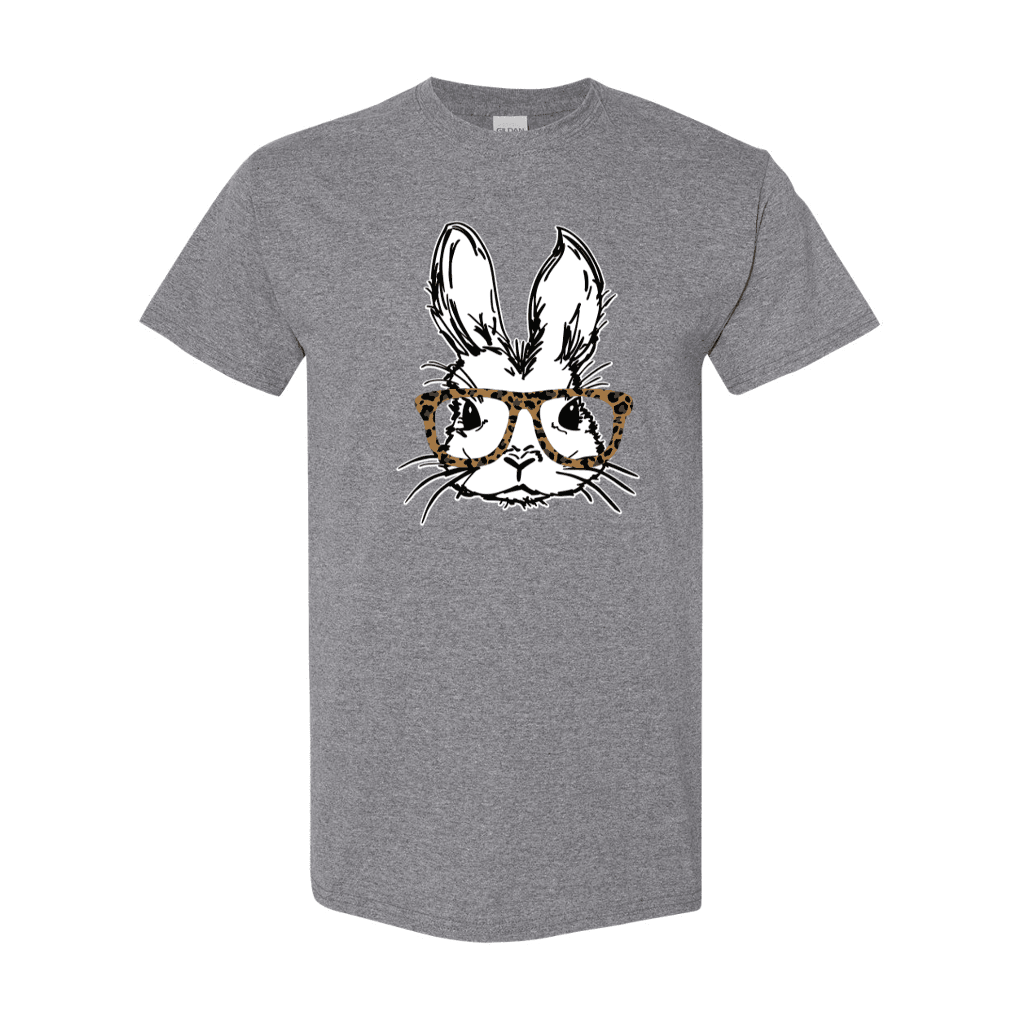 Gray crew-neck T-shirt with bunny wearing leopard-print glasses front graphic.