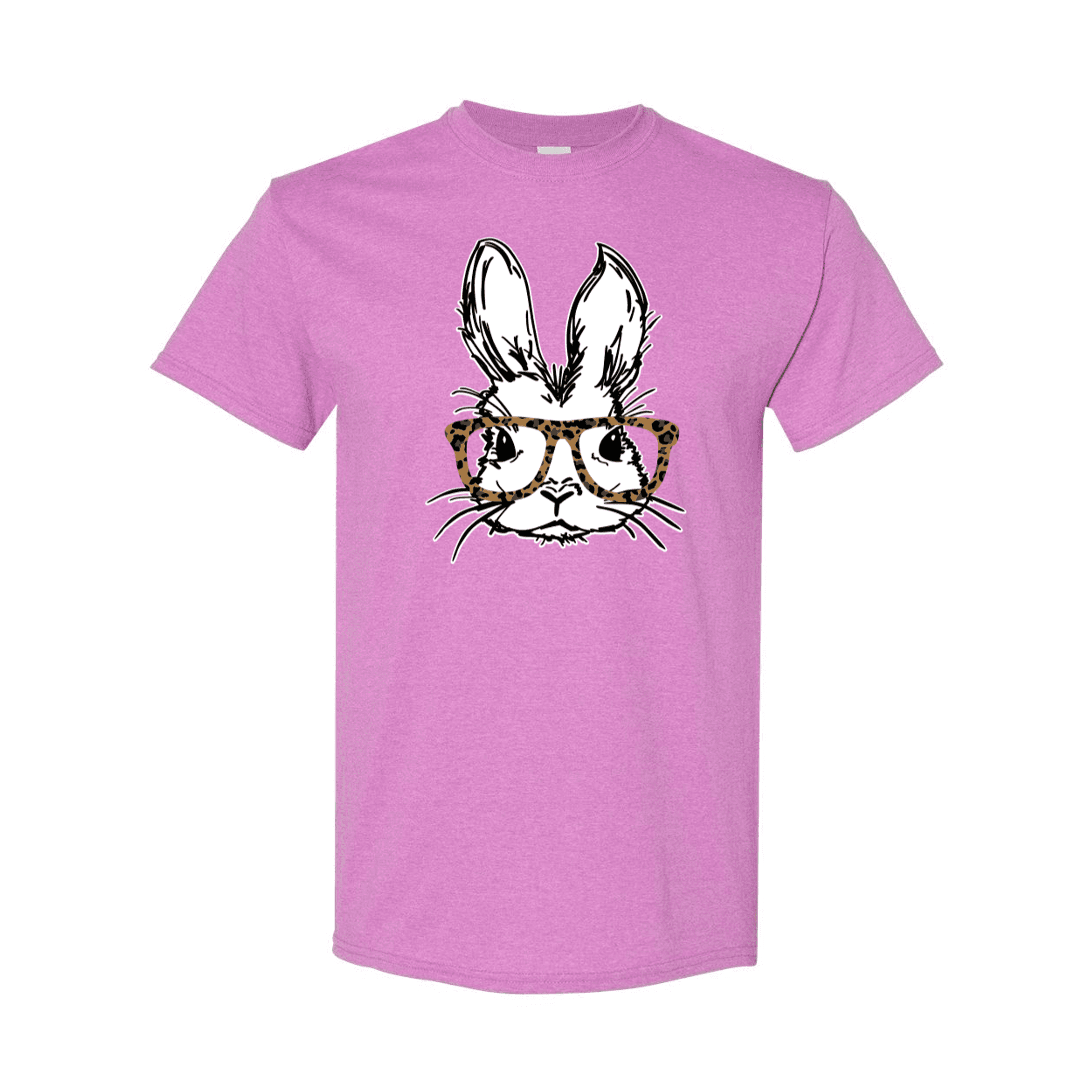 Pink crew-neck T-shirt with bunny face graphic wearing leopard-pattern glasses