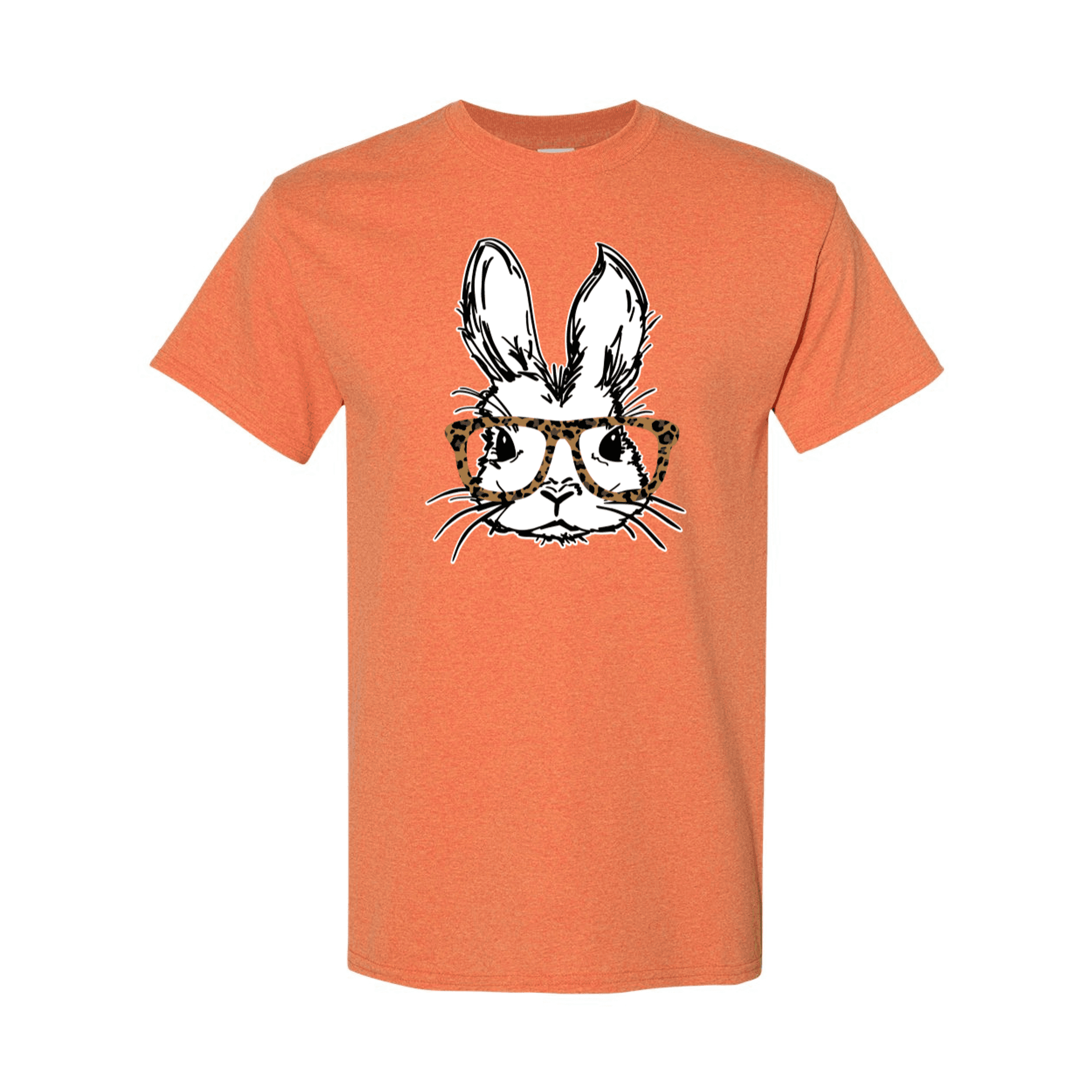 Orange crewneck T-shirt with bunny face graphic wearing leopard-print glasses