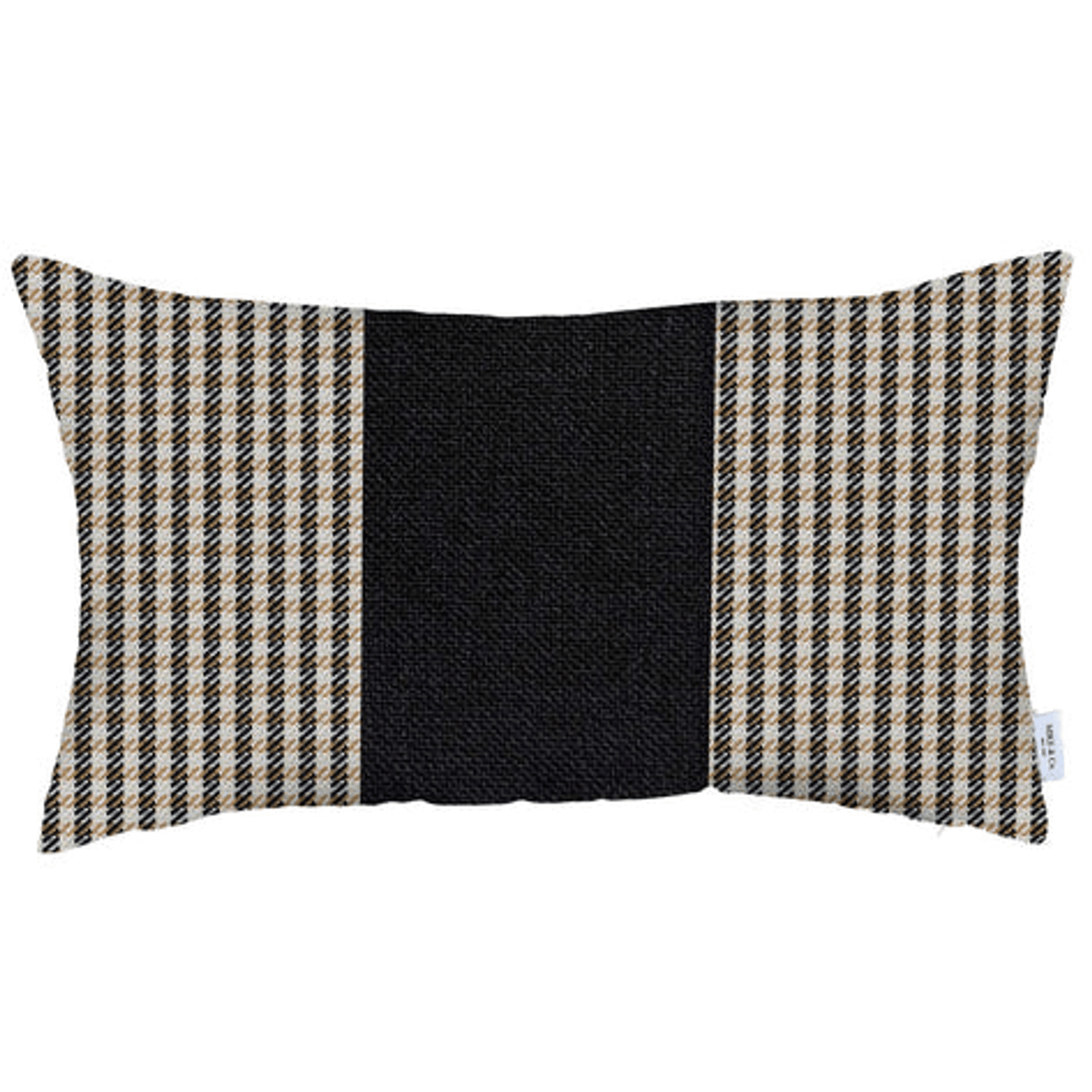 Rectangular throw pillow with black center panel and tan grid stripe sides.