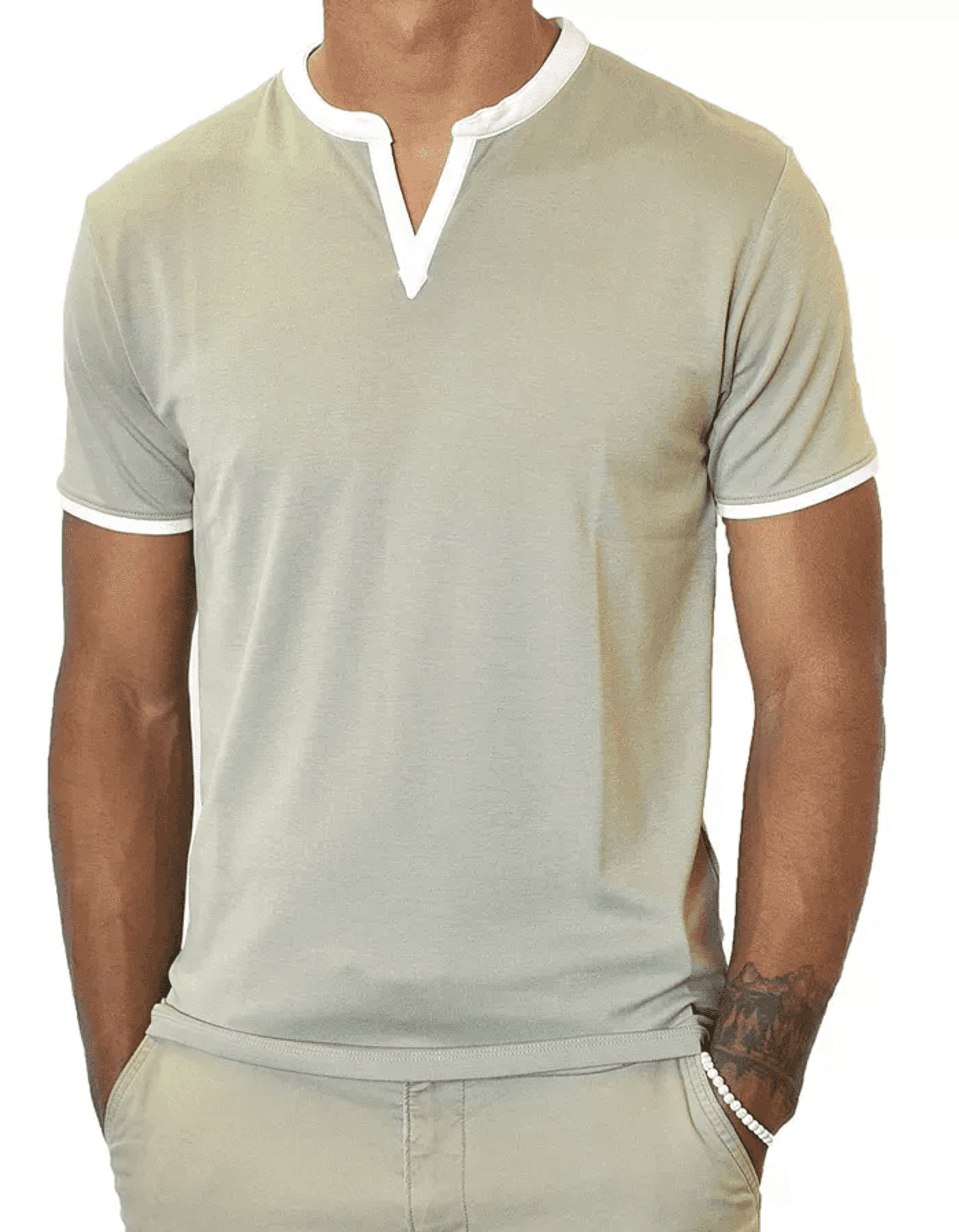 Light olive polo shirt with white-trim notch collar and short sleeves