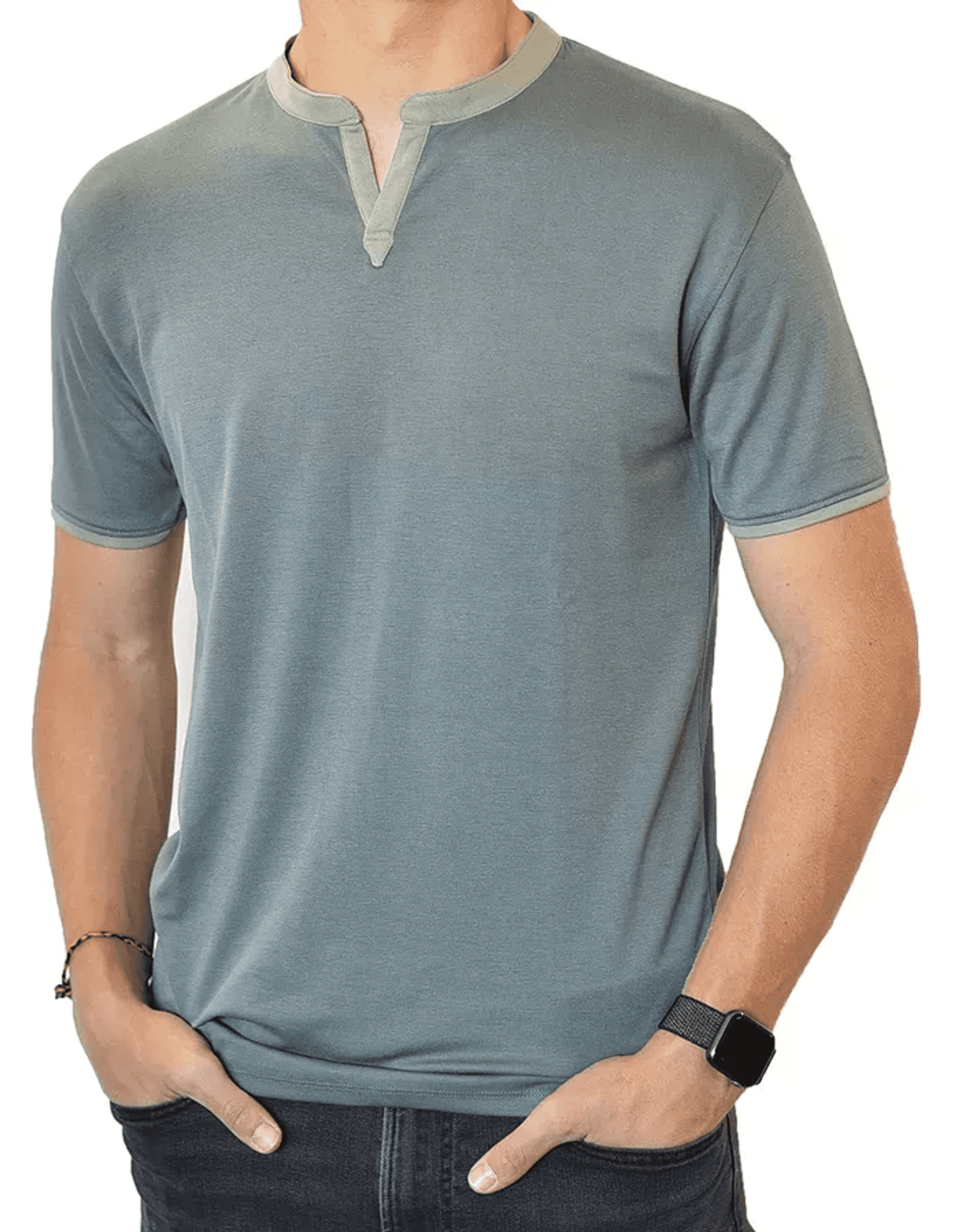 Short-sleeve notch-collar shirt, muted teal, half-button placket and collar